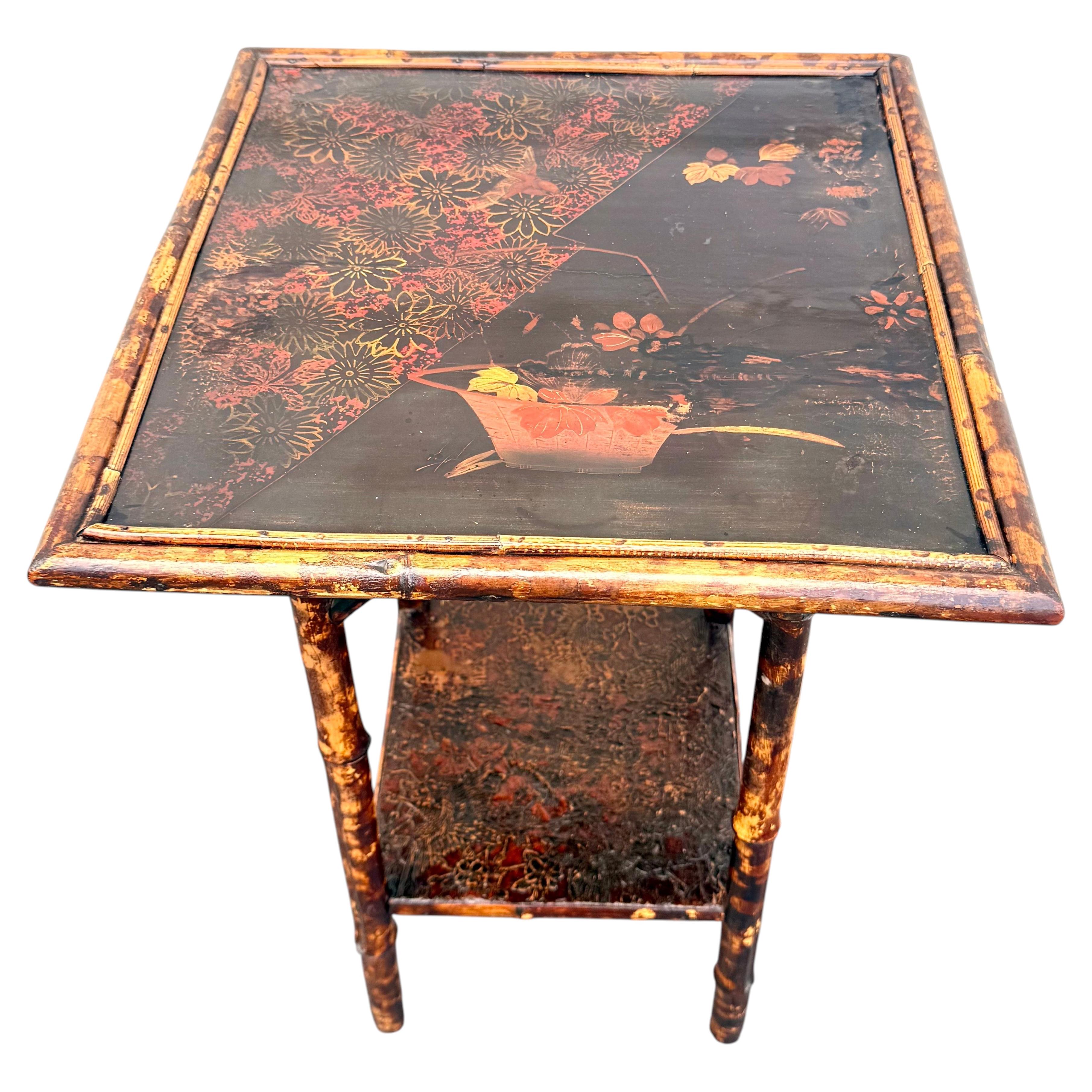 Antique Two-Tiered Burnt Bamboo Side Table, Japanned Top, Circa 1890