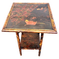 Antique Two-Tiered Burnt Bamboo Side Table, Japanned Top, Circa 1890