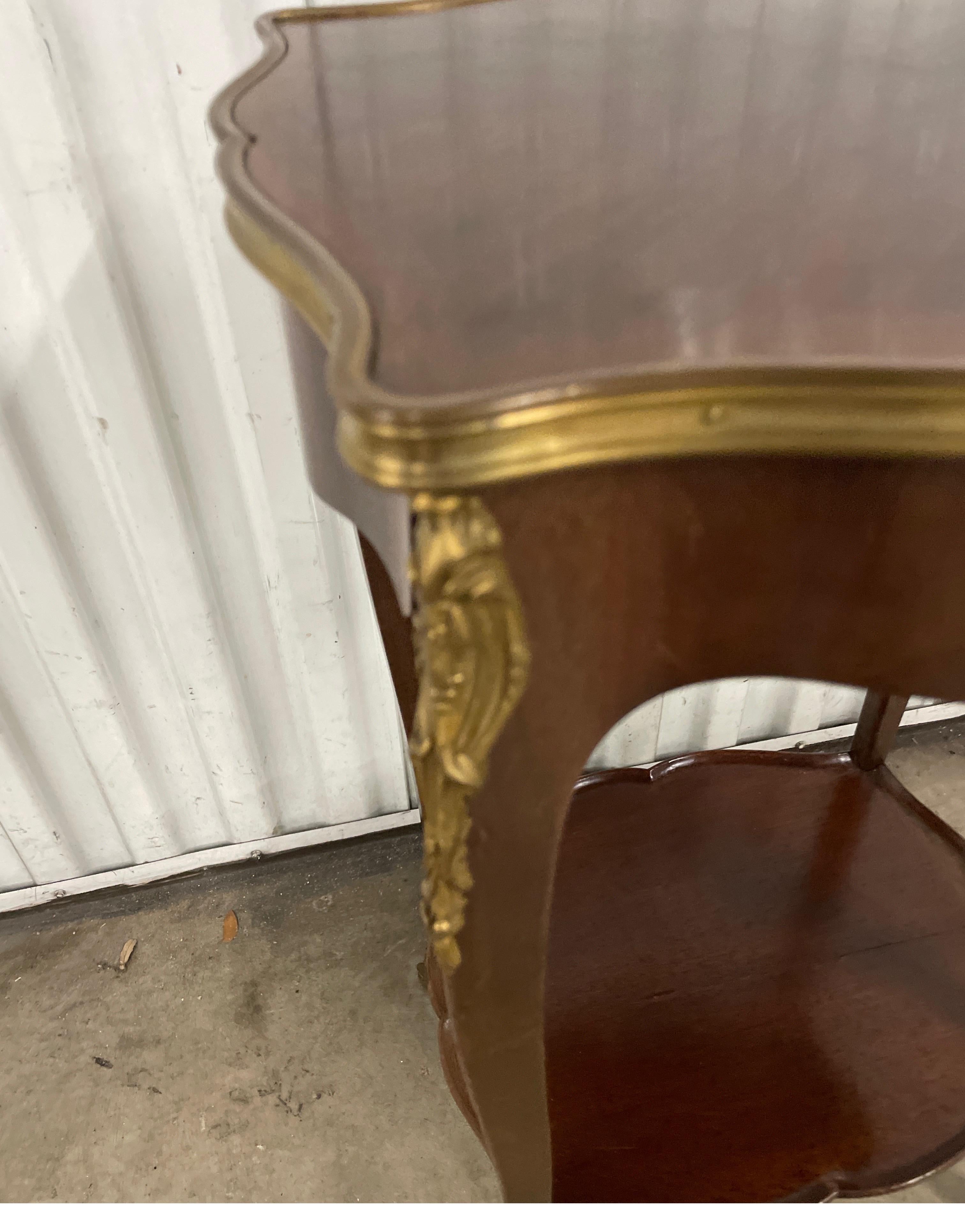 19th Century Antique Two Tiered French Kingwood Side Table with Ormolu Trim For Sale