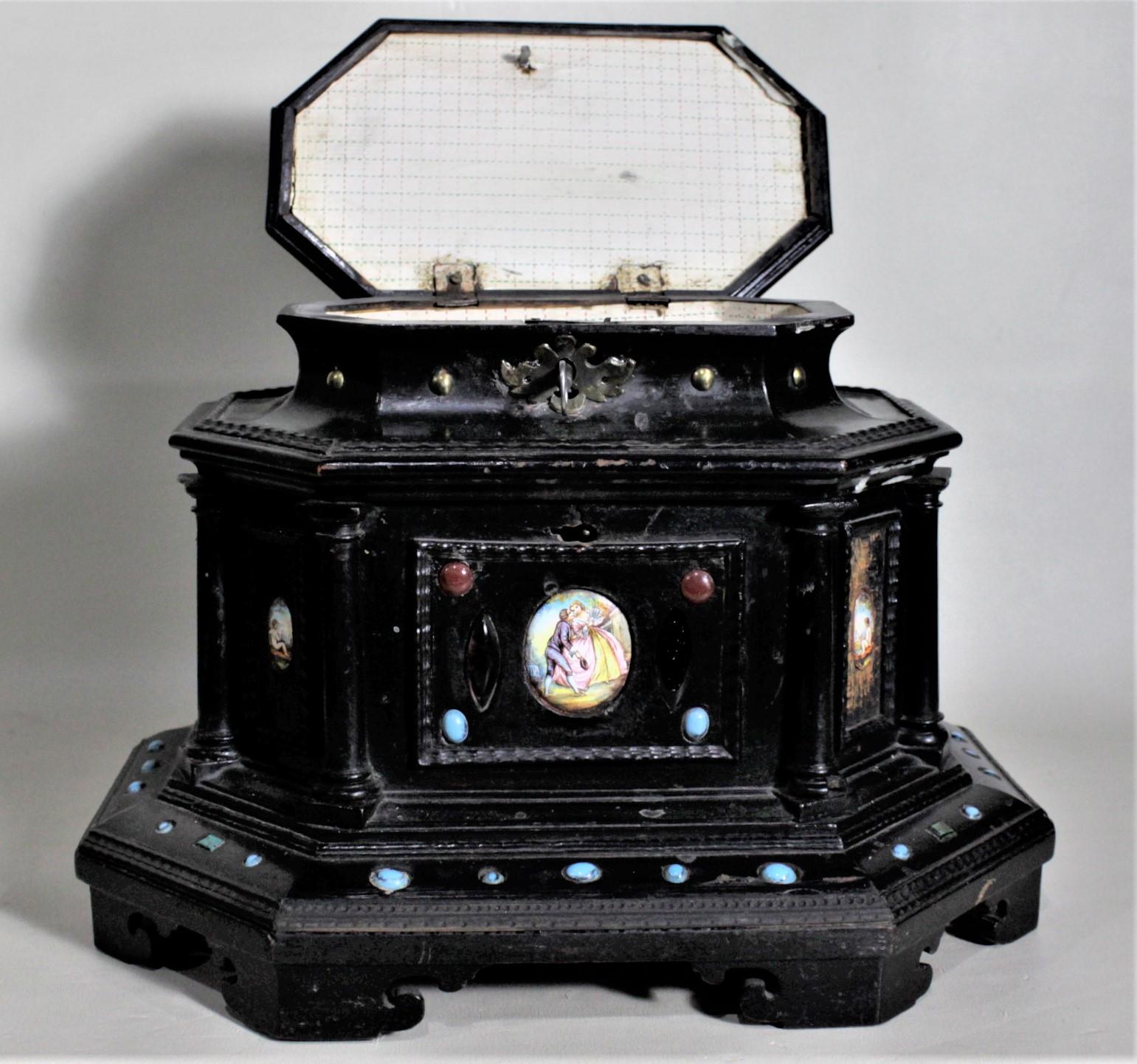 Antique Two Tiered Jewelry Casket or Box with Inaid Stones & Porcelain Panels For Sale 3