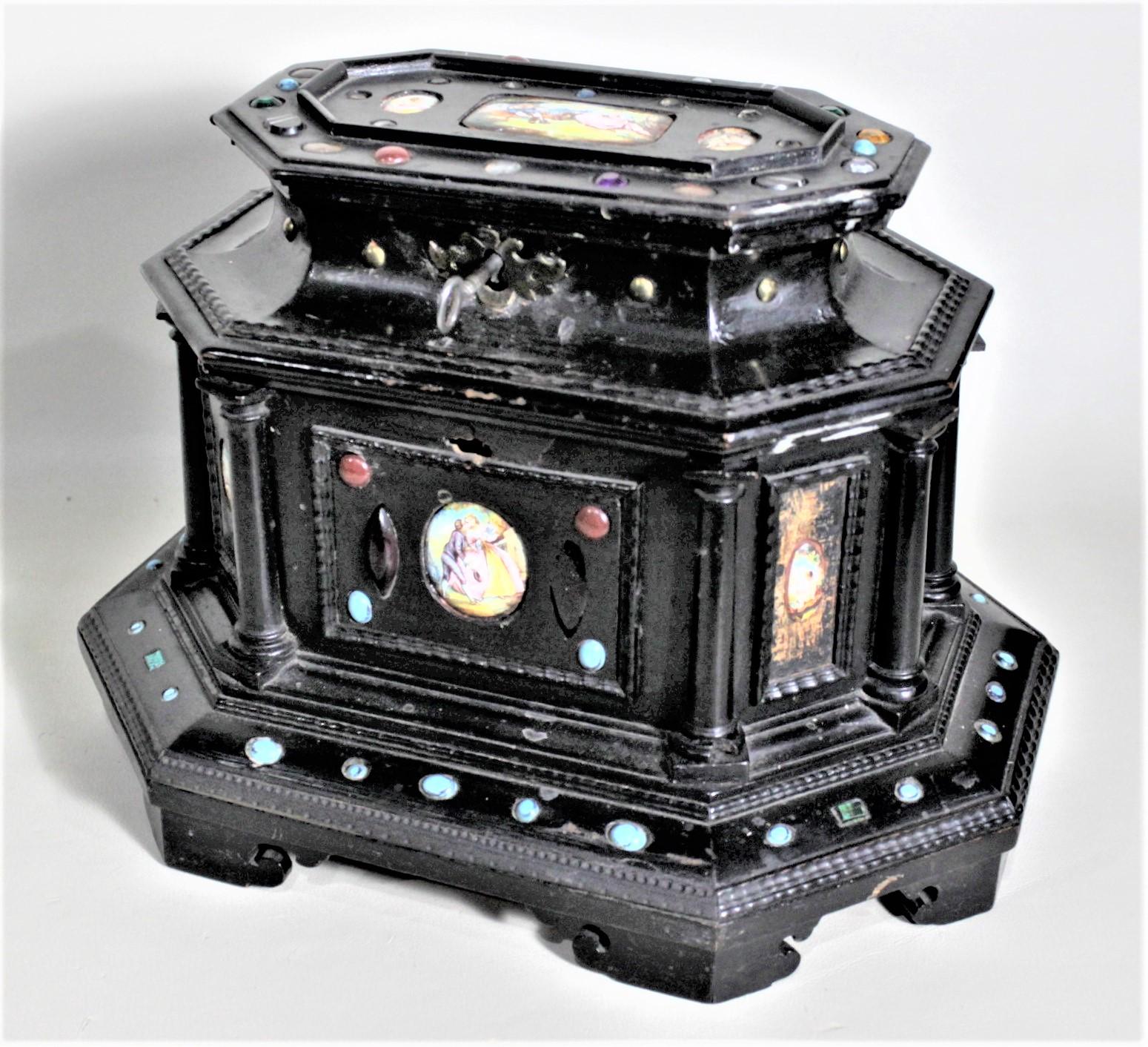 Gothic Revival Antique Two Tiered Jewelry Casket or Box with Inaid Stones & Porcelain Panels For Sale
