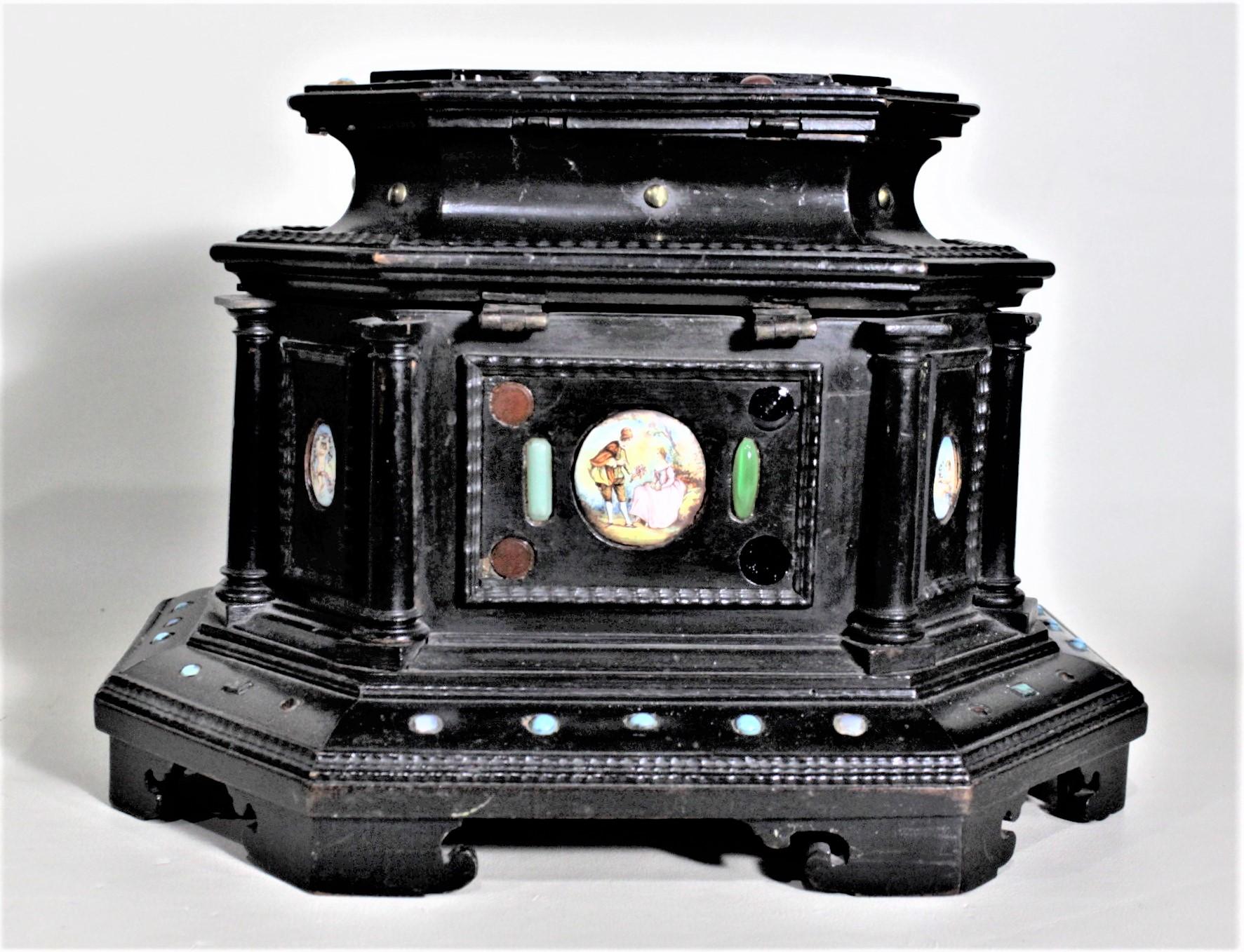 Antique Two Tiered Jewelry Casket or Box with Inaid Stones & Porcelain Panels In Fair Condition For Sale In Hamilton, Ontario