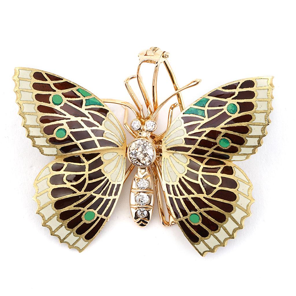 Round Cut Antique Two Tone Enamel & Diamond Butterfly Pin For Sale