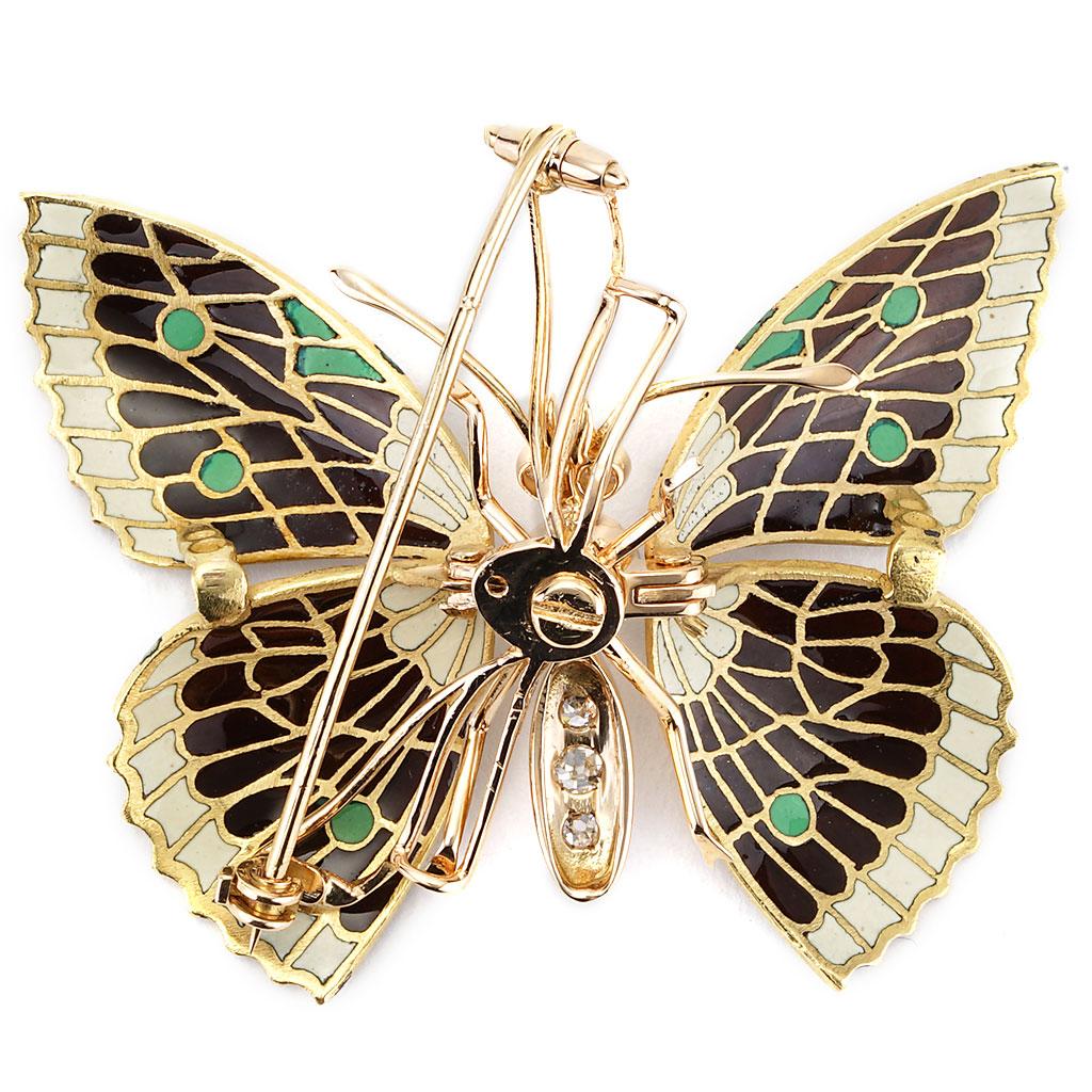 Antique Two Tone Enamel & Diamond Butterfly Pin In New Condition For Sale In Chicago, IL