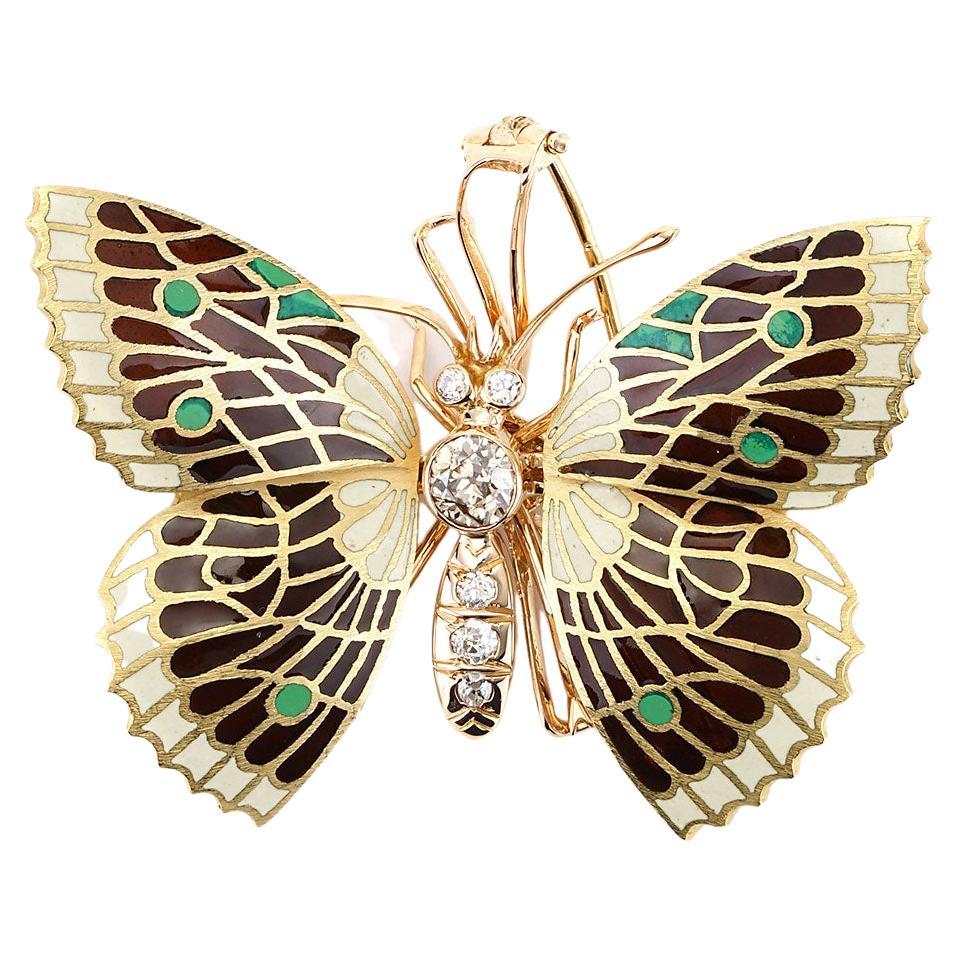 Antique Two Tone Enamel & Diamond Butterfly Pin For Sale