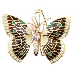 Antique Two Tone Enamel & Diamond Butterfly Pin