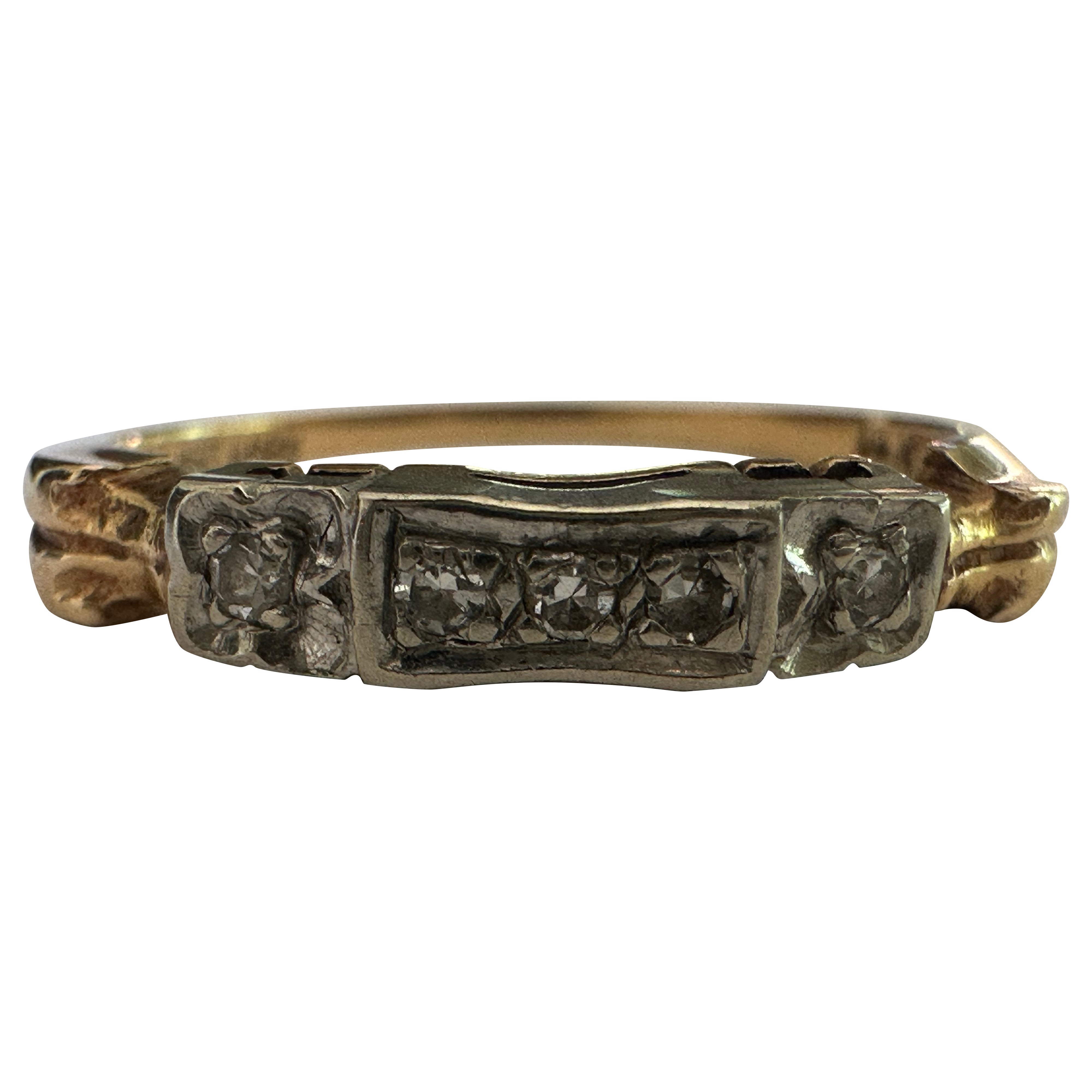 Antique Two-Tone Five-Stone Diamond and 14K Yellow Gold and Platinum Band For Sale