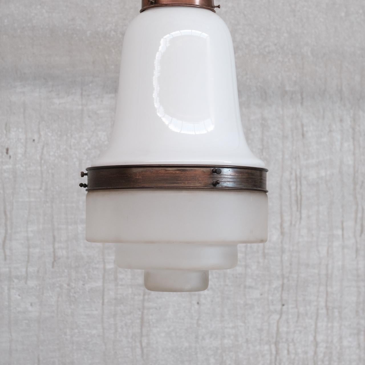 French Antique Two Tone Glass and Copper Pendant Light For Sale