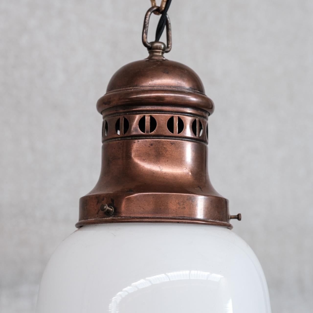Antique Two Tone Glass and Copper Pendant Light In Good Condition For Sale In London, GB