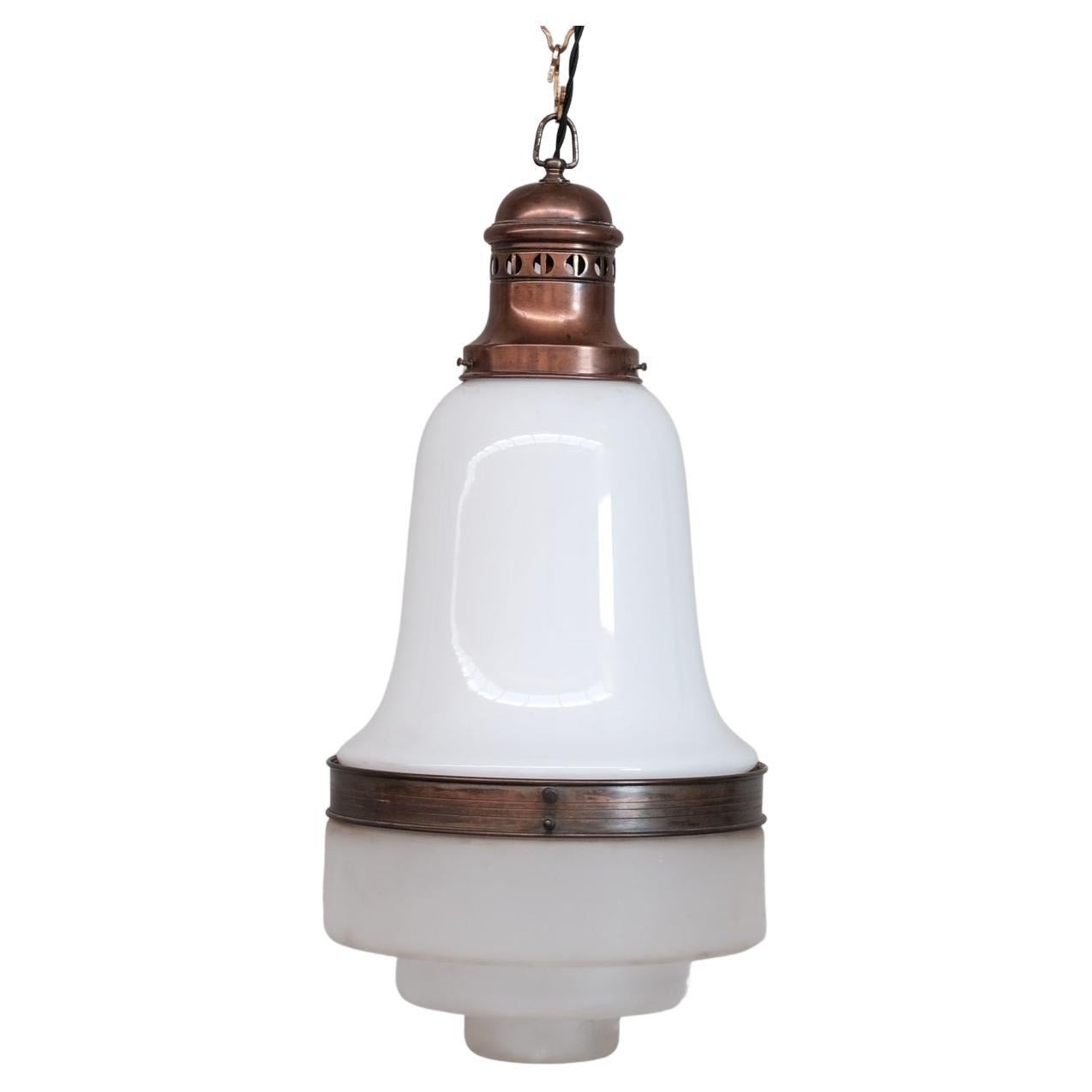 Antique Two Tone Glass and Copper Pendant Light For Sale