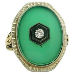Antique Two Tone Gold Green Onyx 
Diamond Filigree Work Cocktail Ring