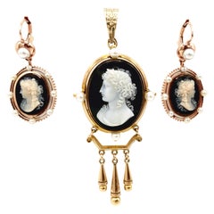 Antique Two Tone Gold Pearl Carved Shell Cameo Set