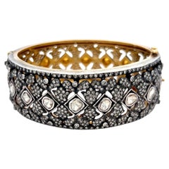 Antique Two Tone Gold/Slv Bangle Bracelet with 12.6ct Round & Rose Cut Diamonds
