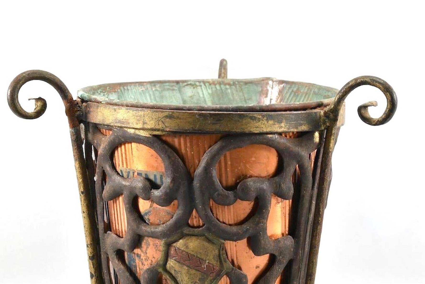Austrian Antique Umbrella Stand, Paper Basket with Coat of Arms, Copper & Iron For Sale