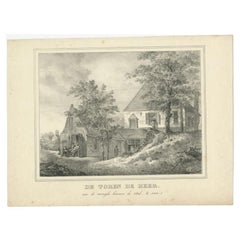 Grabado antiguo sin colorear de la Torre "De Beer" en Utrecht, Países Bajos, C.1830