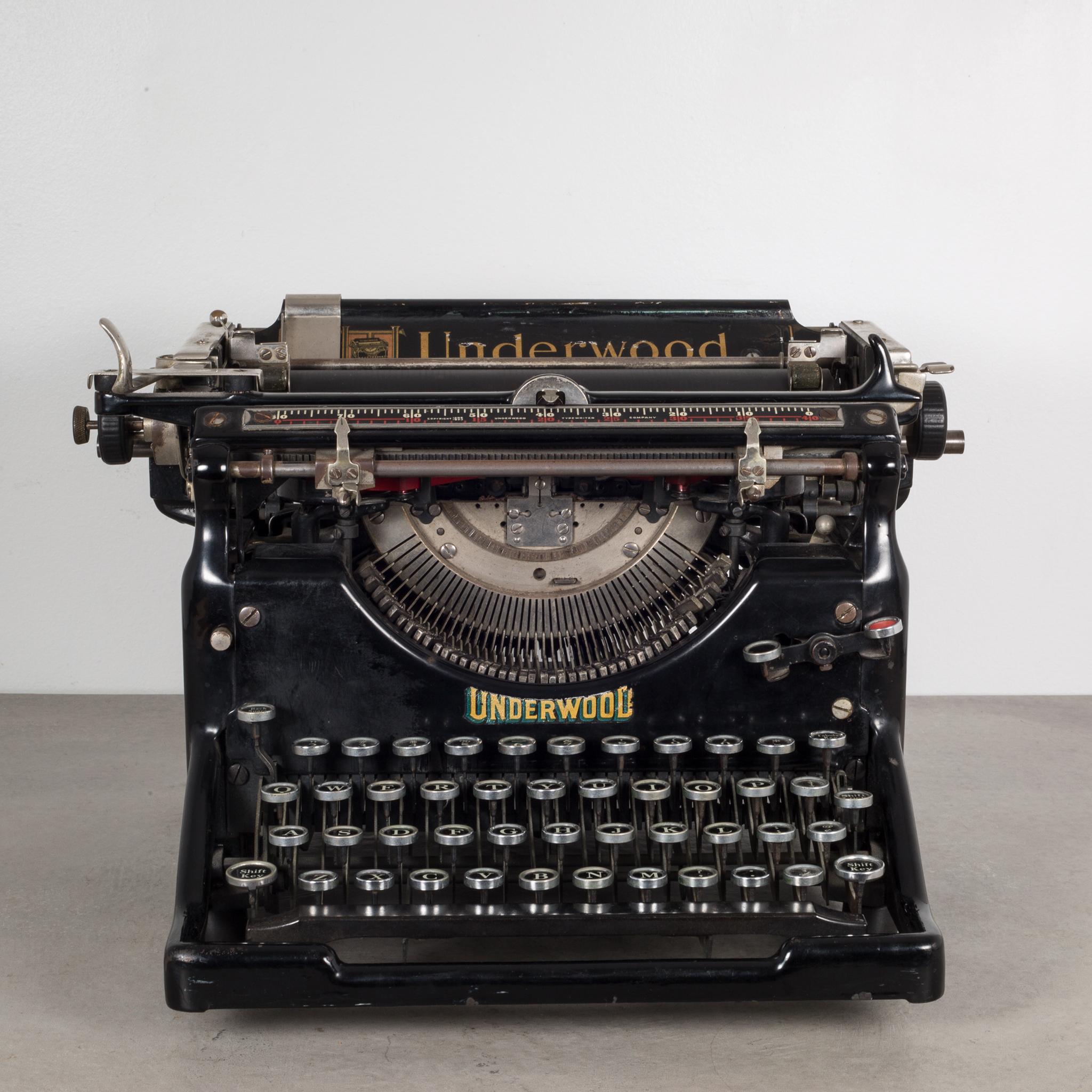 About

This is an original Underwood typewriter #4 with a 10 inch carriage and an open-frame design. The serial number is 2276347-5 stamped in the inside. The keys are nickel and black. All the keys work properly but the carriage doesn't engage