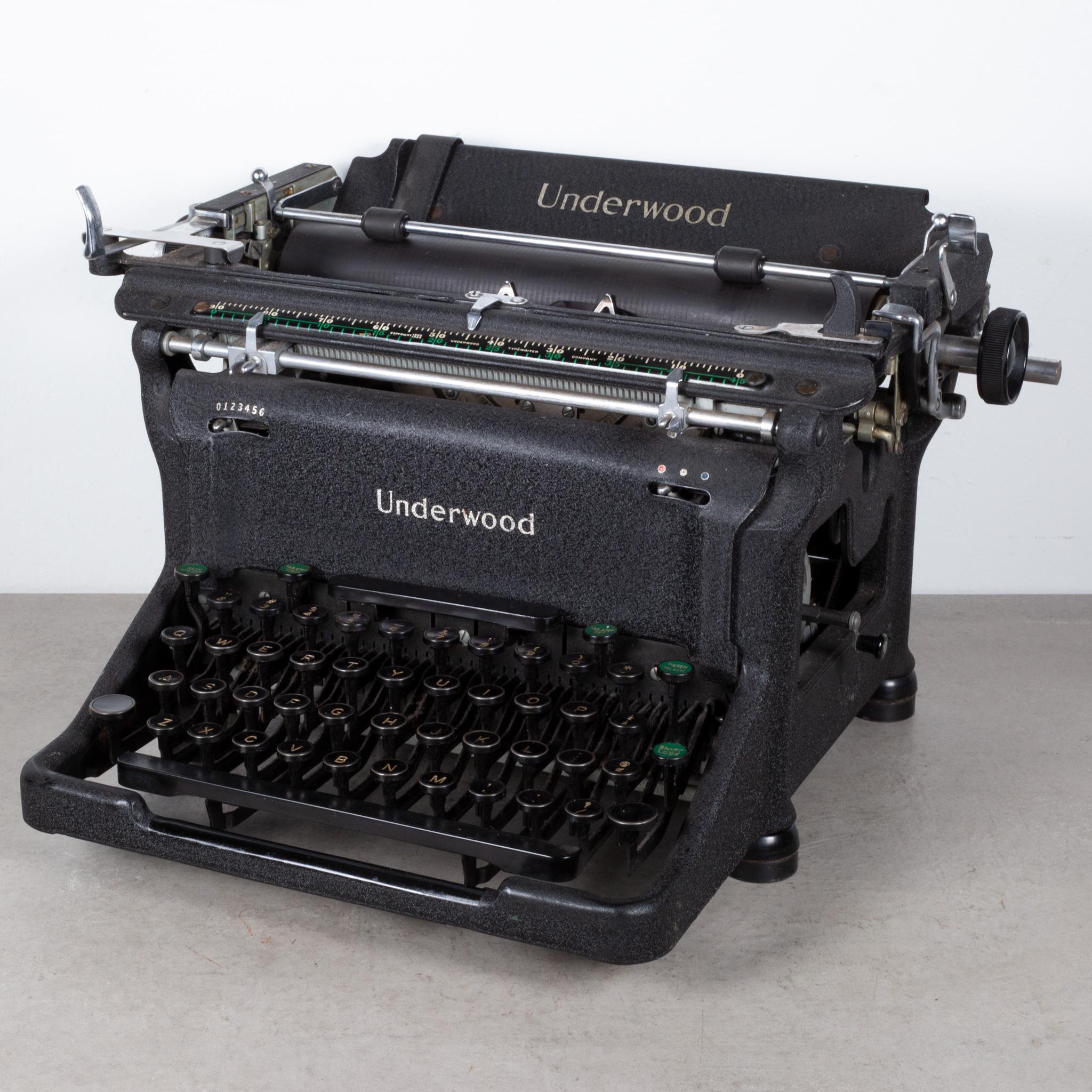 About

An original Underwood typewriter with black crinkle finish. The typewriter functions properly except the space bar has ceased up and needs repair. New ribbon. The keys are brass and black with gold letters. All the keys work properly and