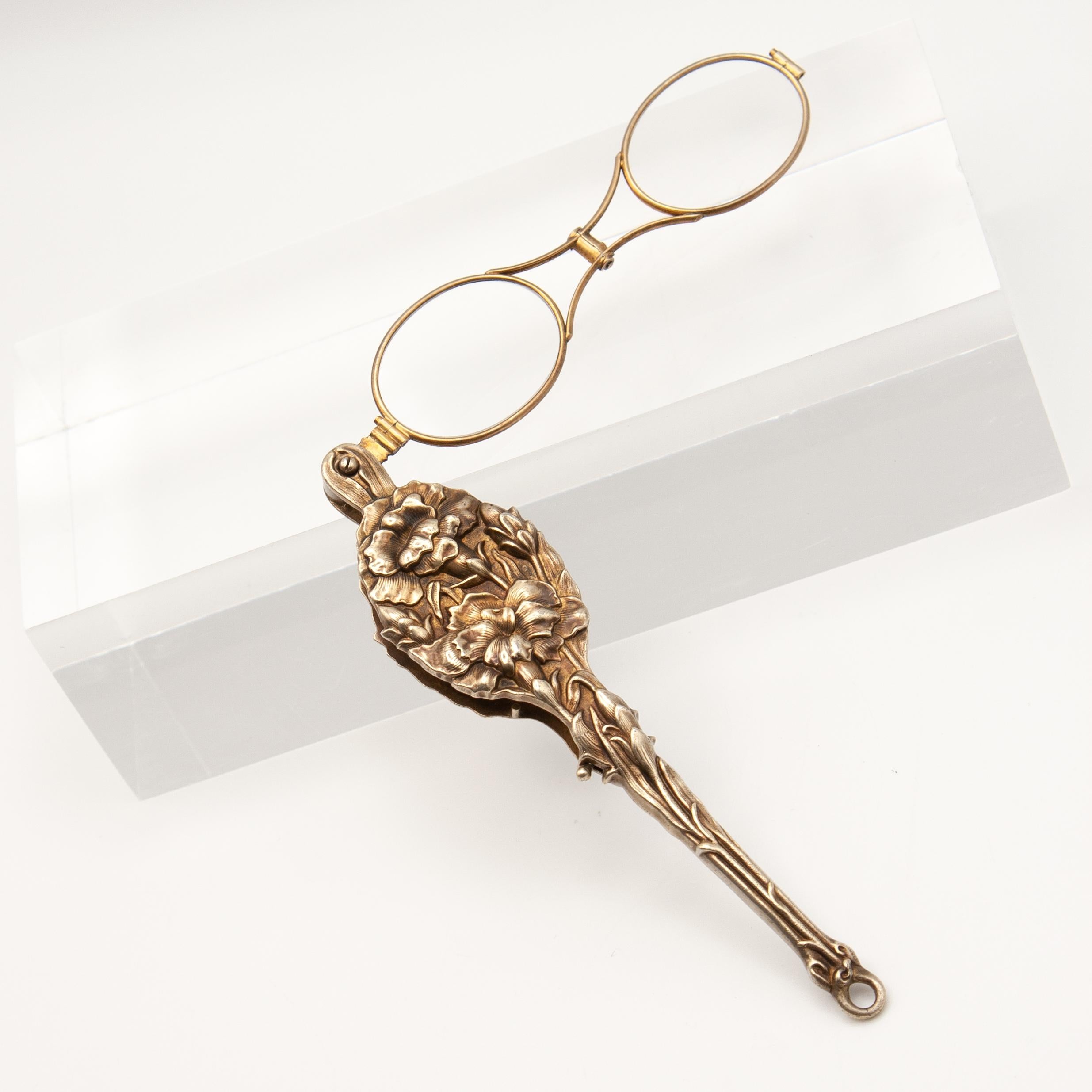 Antique Unger Brothers Art Nouveau Silver Vermeil Lorgnette Glasses For Sale 7