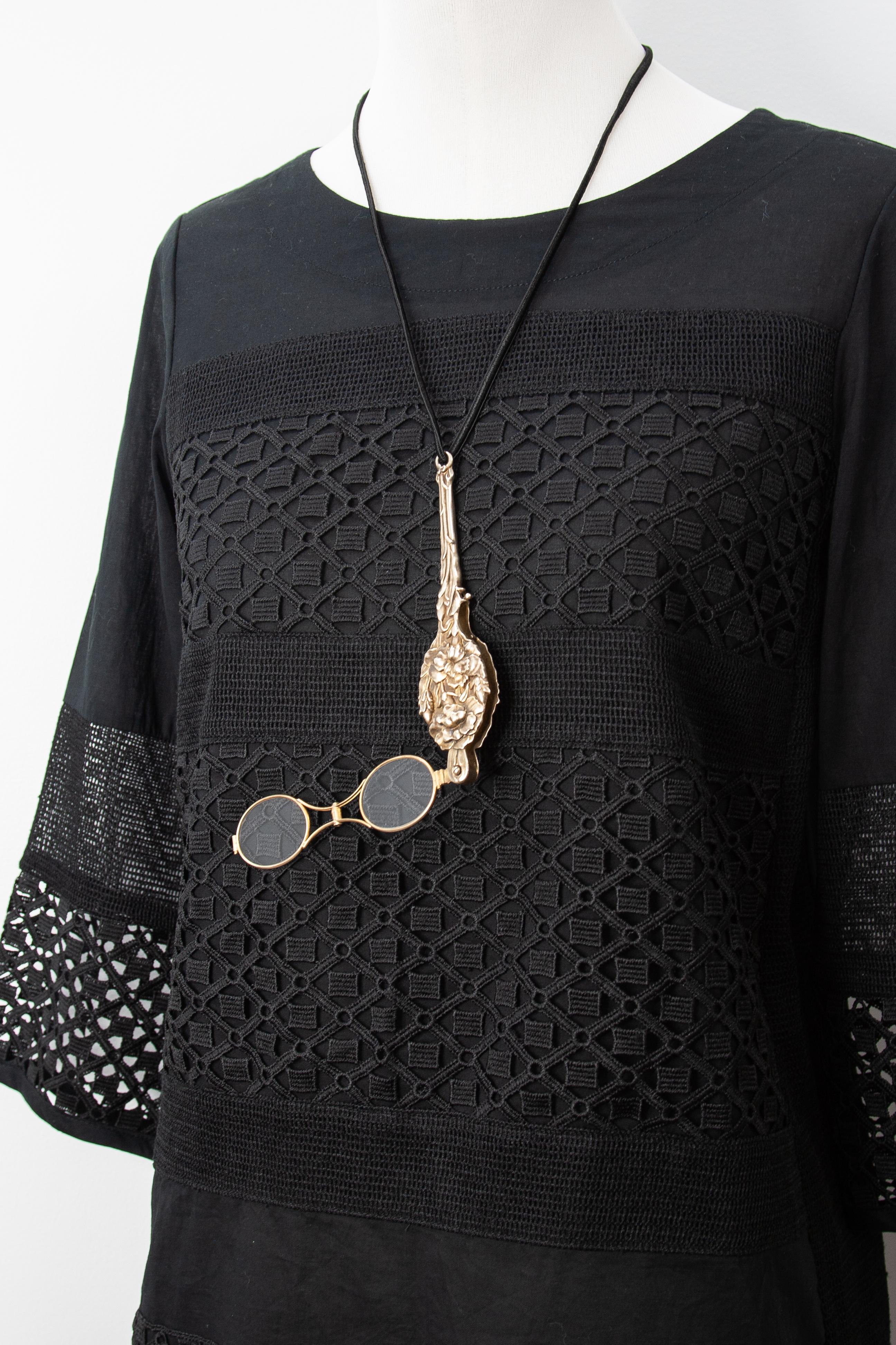 Women's or Men's Antique Unger Brothers Art Nouveau Silver Vermeil Lorgnette Glasses For Sale