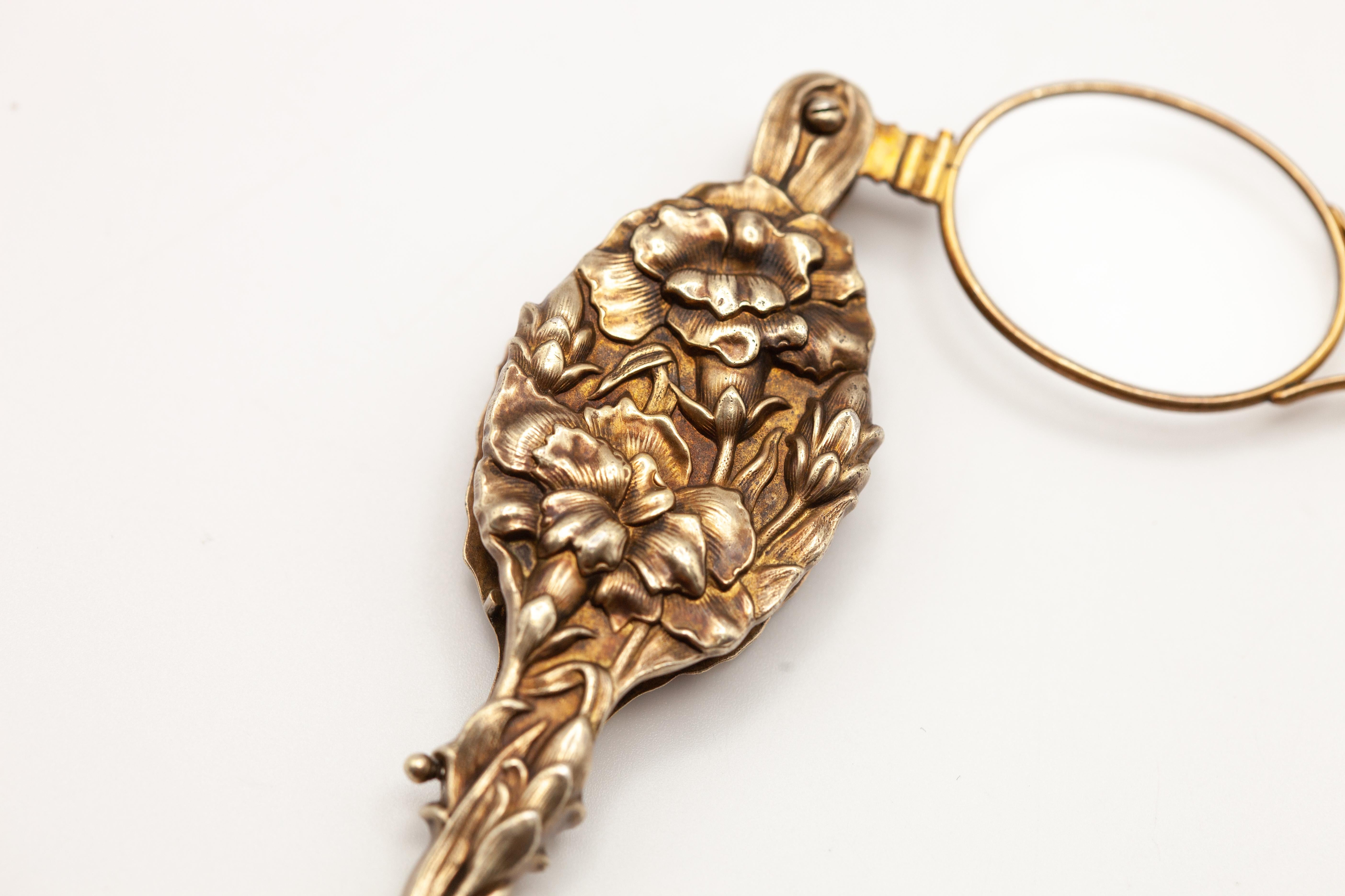 Antique Unger Brothers Art Nouveau Silver Vermeil Lorgnette Glasses For Sale 3