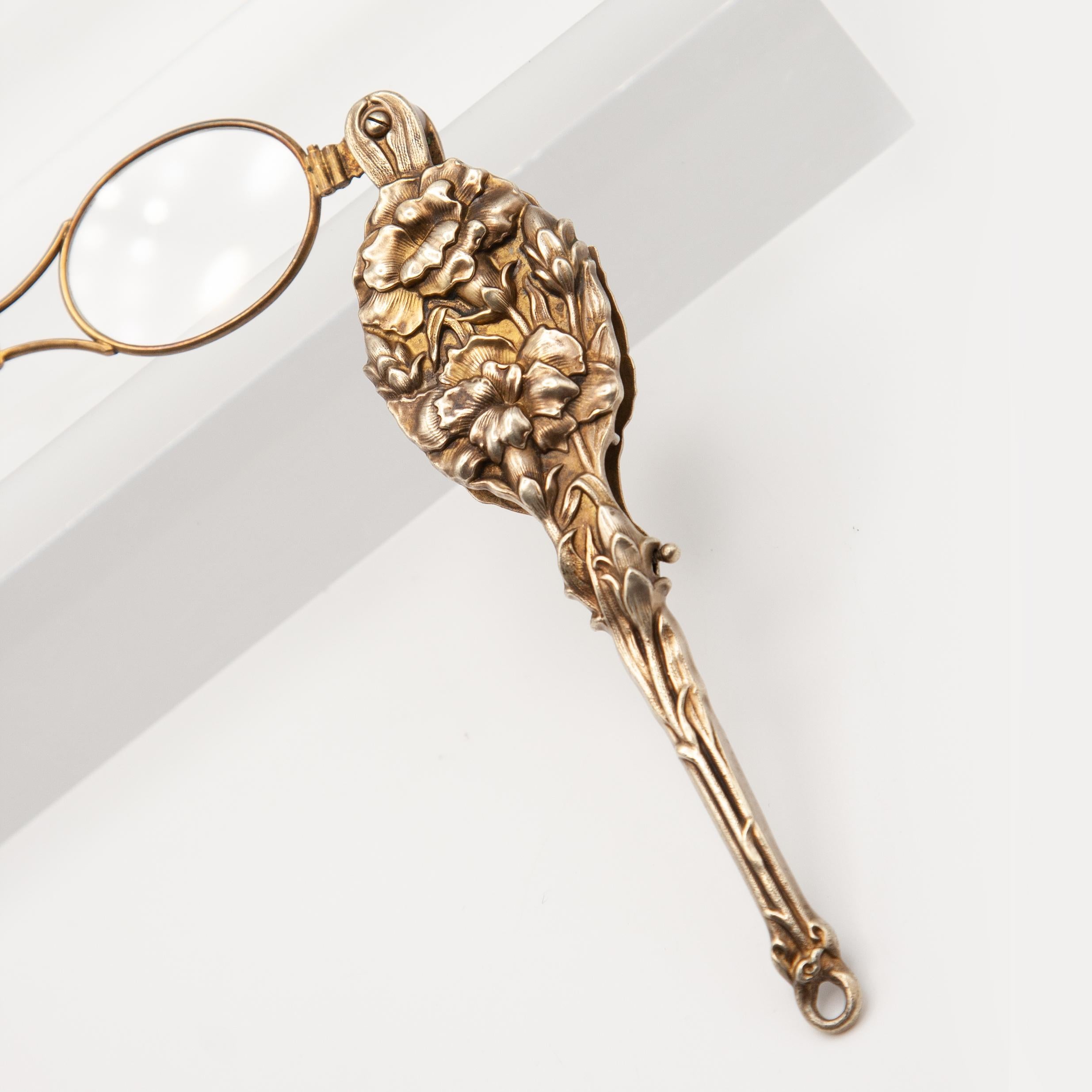 Antique Unger Brothers Art Nouveau Silver Vermeil Lorgnette Glasses For Sale 4