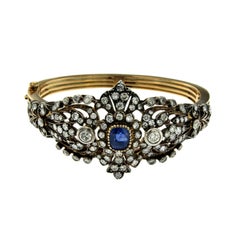 Antique Sapphire Gold and Silver Diamond Bangle Bracelet