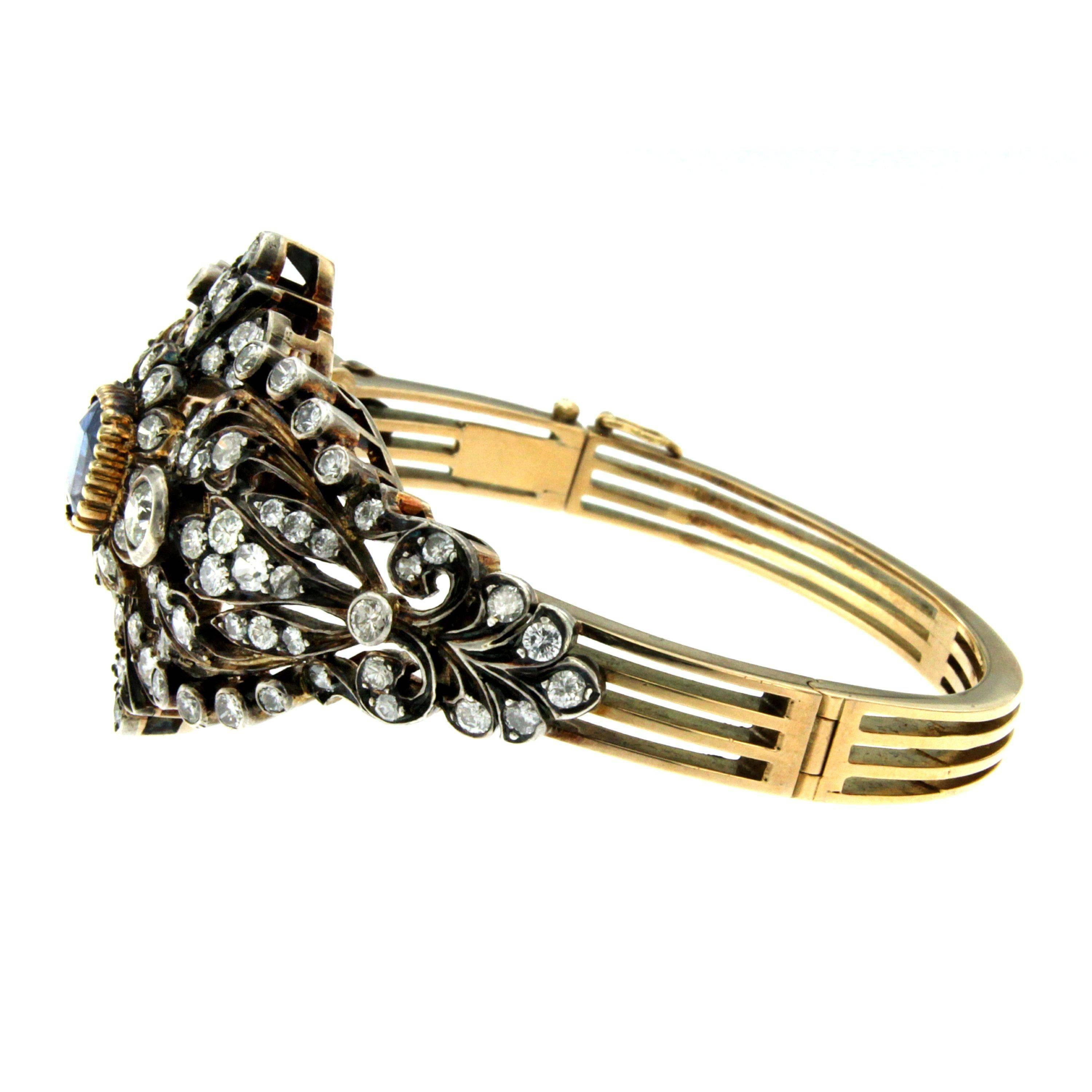 Antique Sapphire Gold and Silver Diamond Bangle Bracelet In Excellent Condition In Napoli, Italy