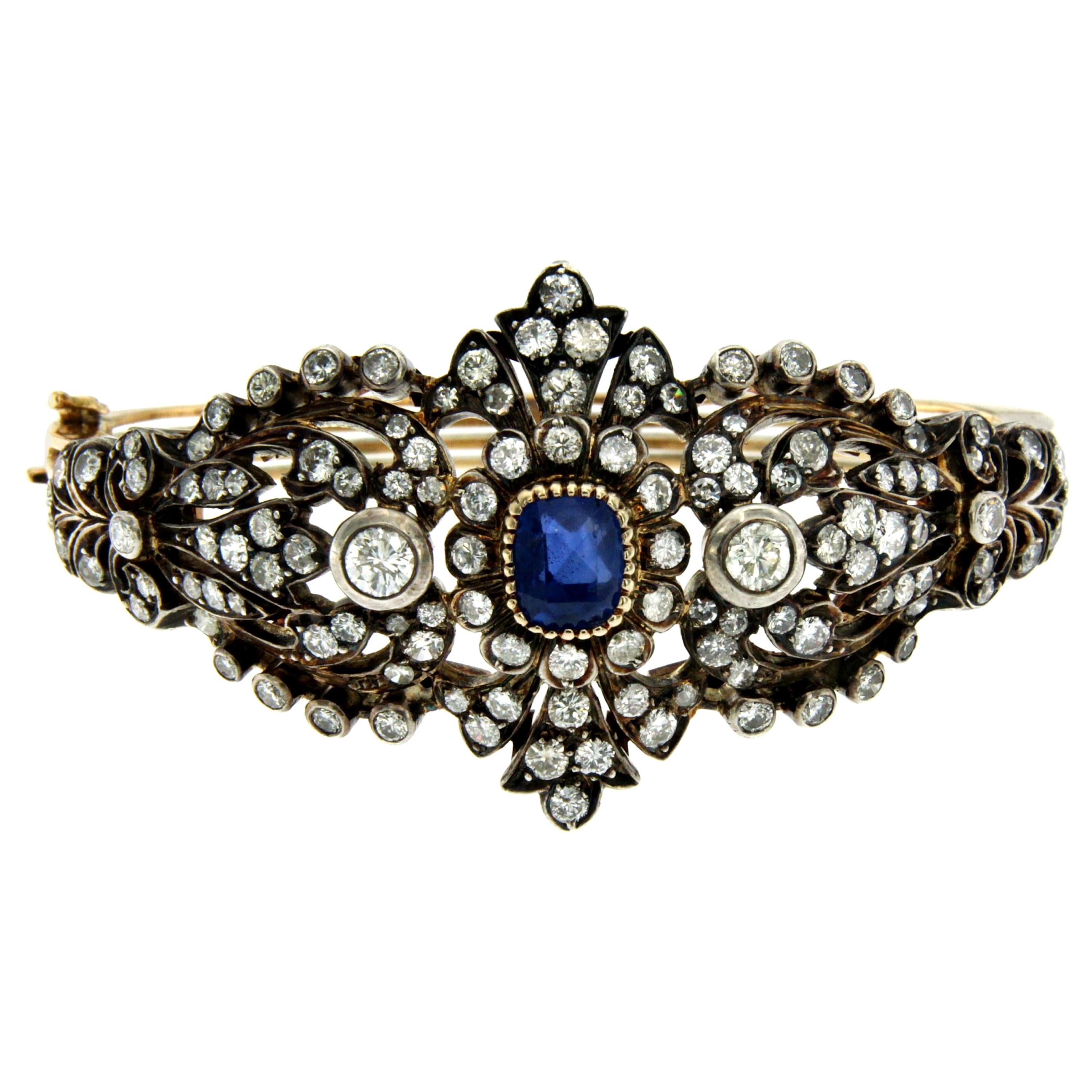 Antique Sapphire Gold and Silver Diamond Bangle Bracelet
