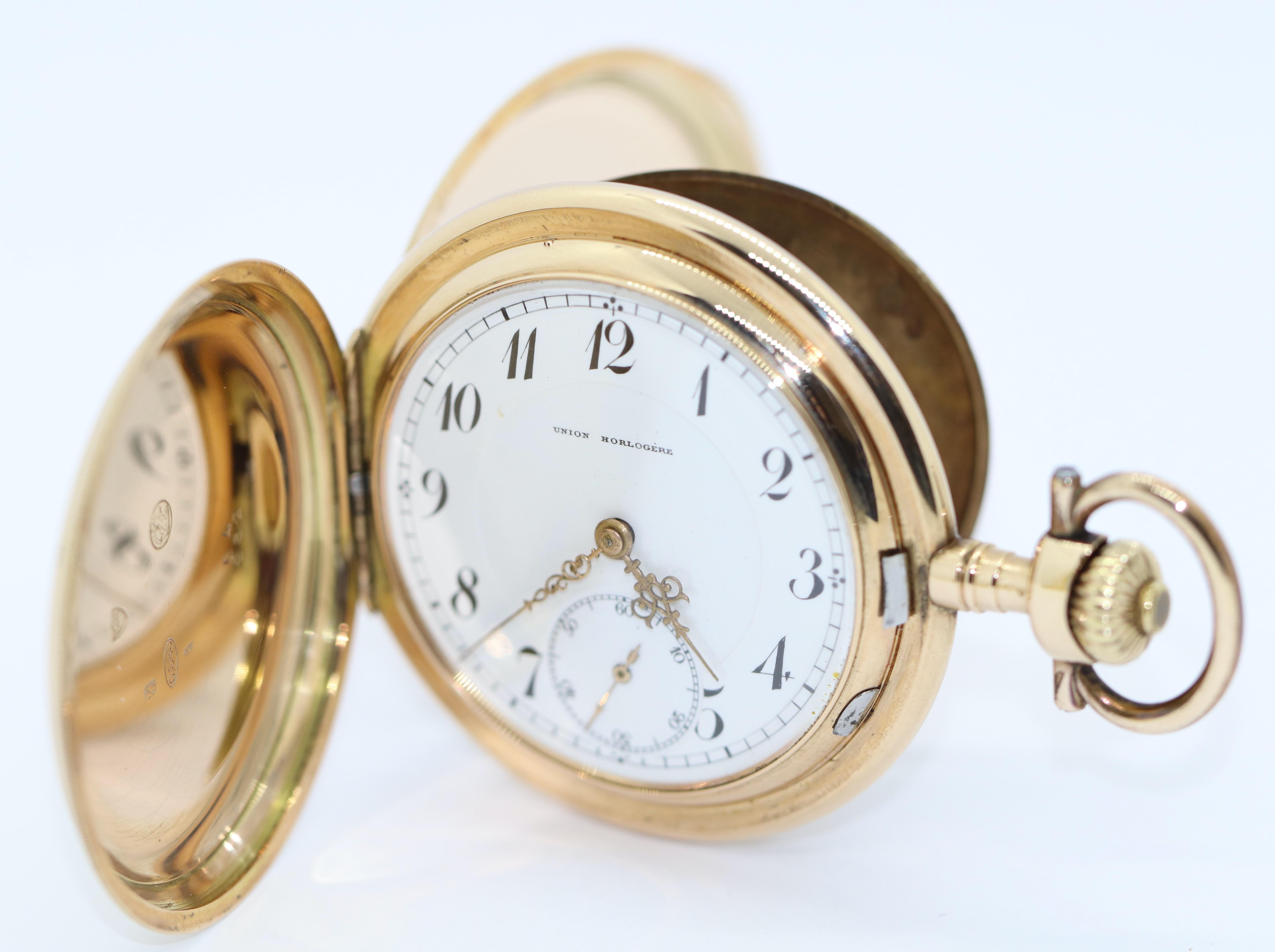 Union Horlogere 14 Karat Gold Taschenuhr.

Die Taschenuhr kann aufgezogen werden und funktioniert.

Mit Echtheitszertifikat.