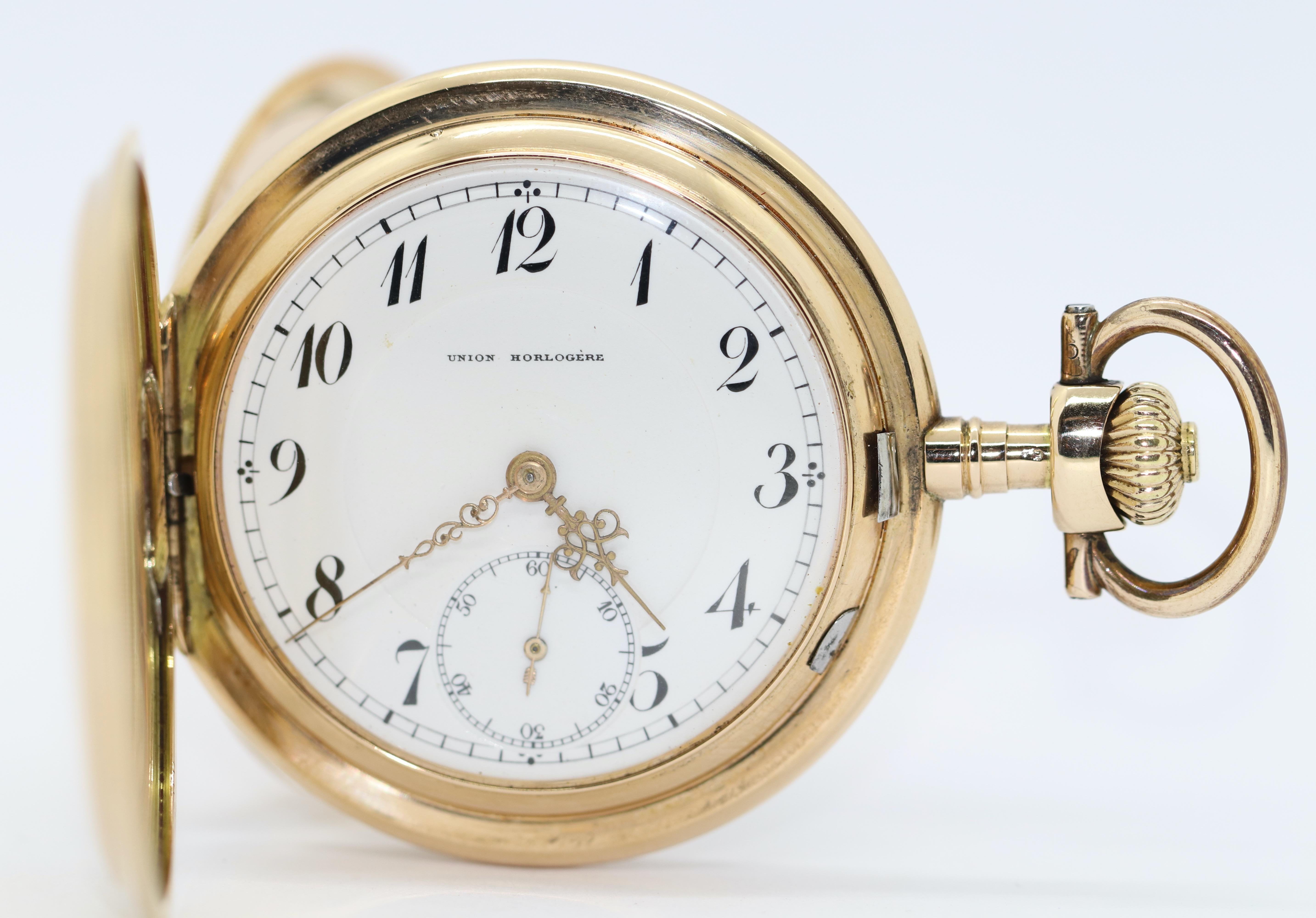 Montre de poche Union Horlogere ancienne en or 14 carats, Alpina, Glashütte en vente 1