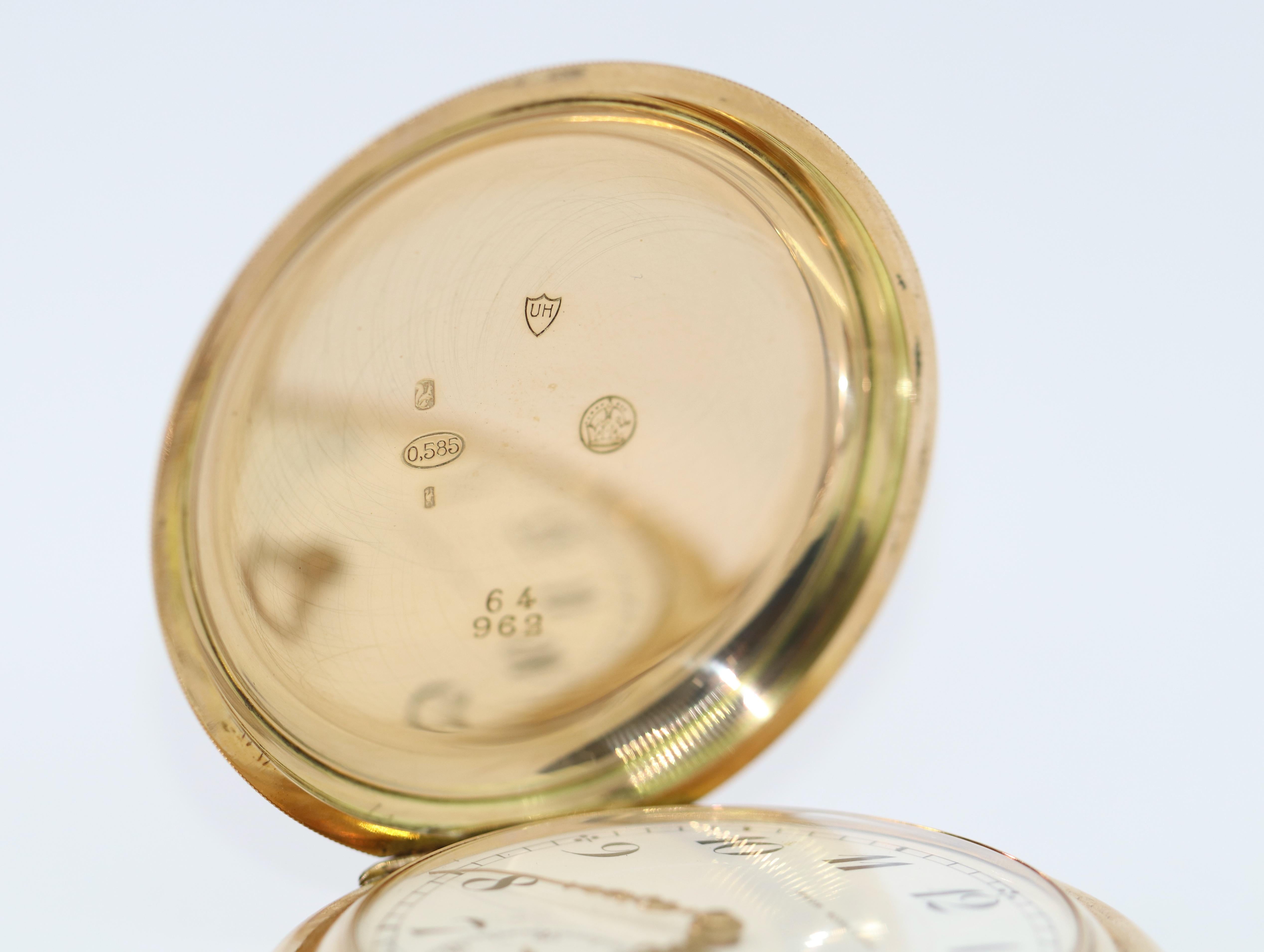 Antike Union Horlogere 14 Karat Gold Taschenuhr, Alpina, Glashütte im Zustand „Gut“ im Angebot in Berlin, DE