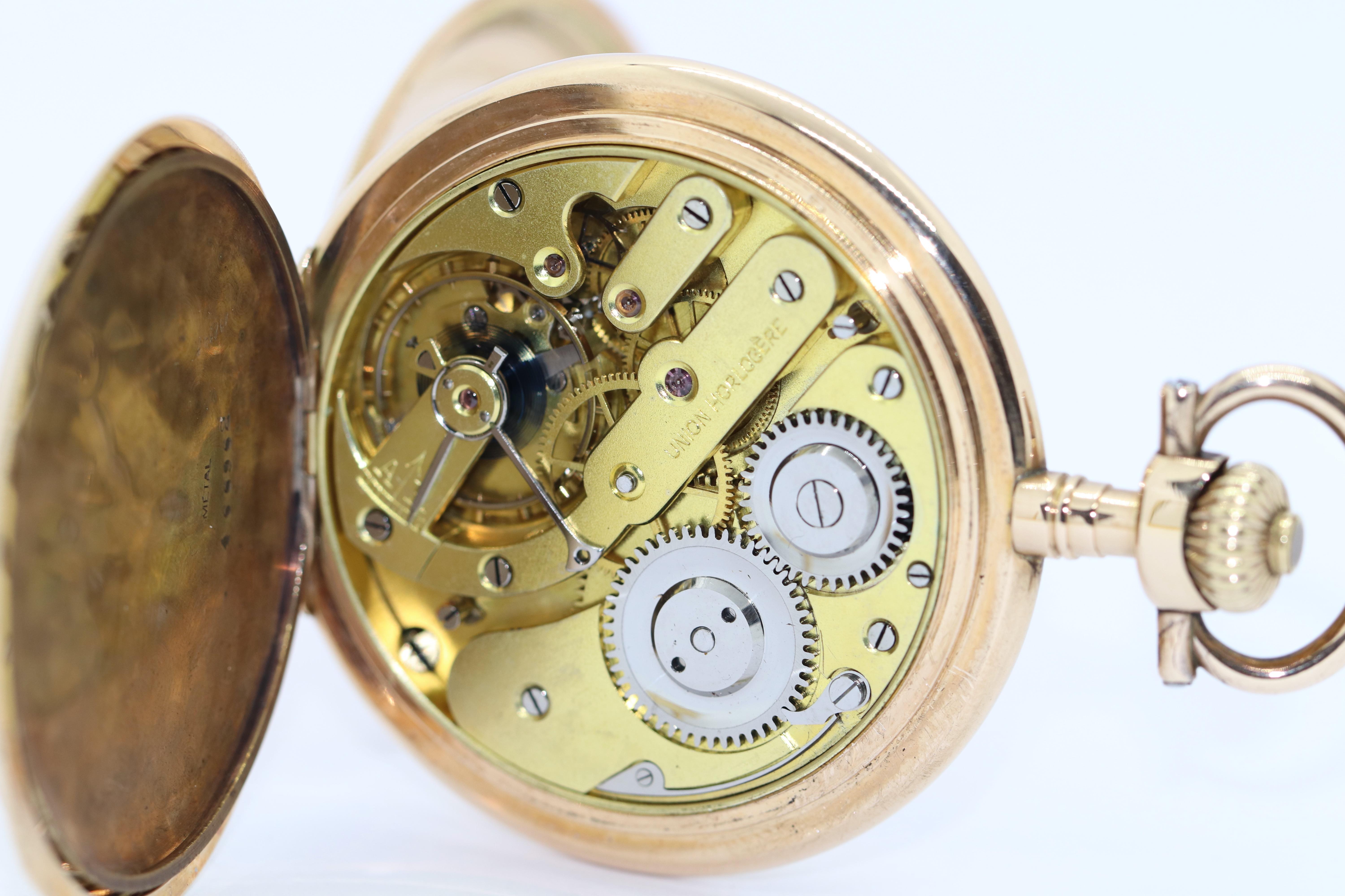 Antike Union Horlogere 14 Karat Gold Taschenuhr, Alpina, Glashütte im Angebot 2