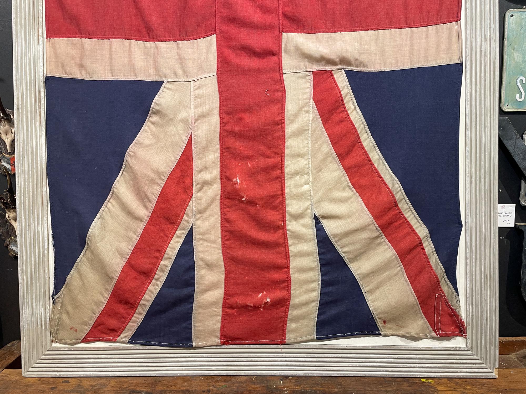 British Antique Union Jack Flag in Greige Finished Fluted Wood Frame