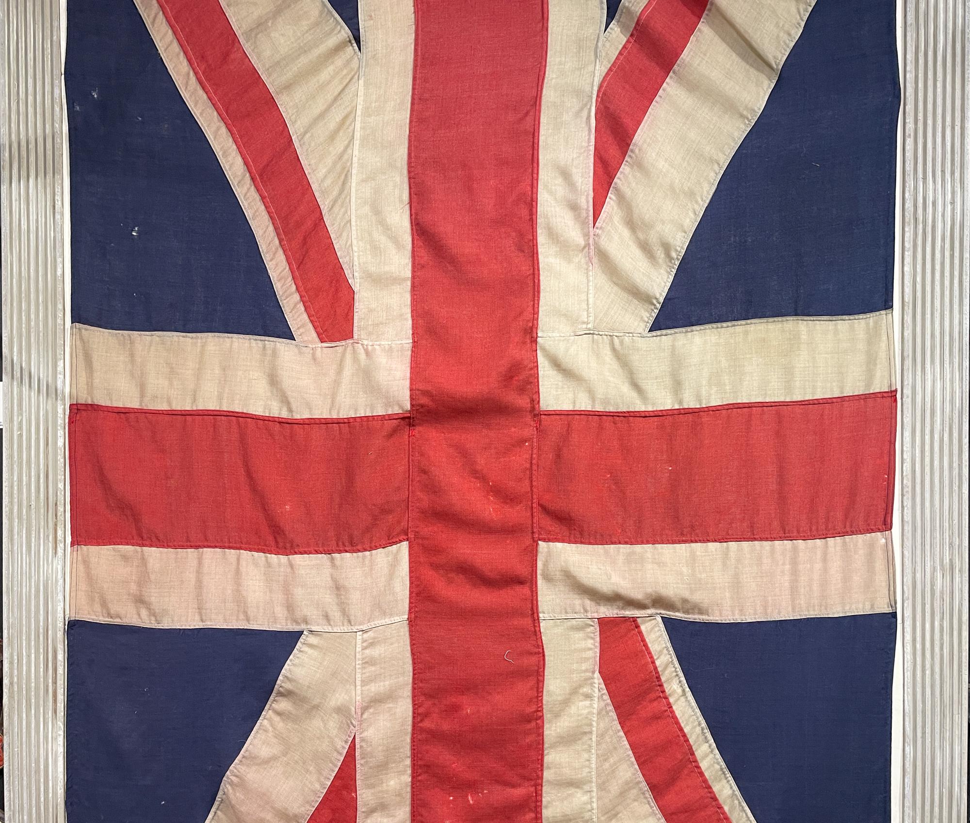 Antique Union Jack Flag in Greige Finished Fluted Wood Frame In Good Condition In Houston, TX