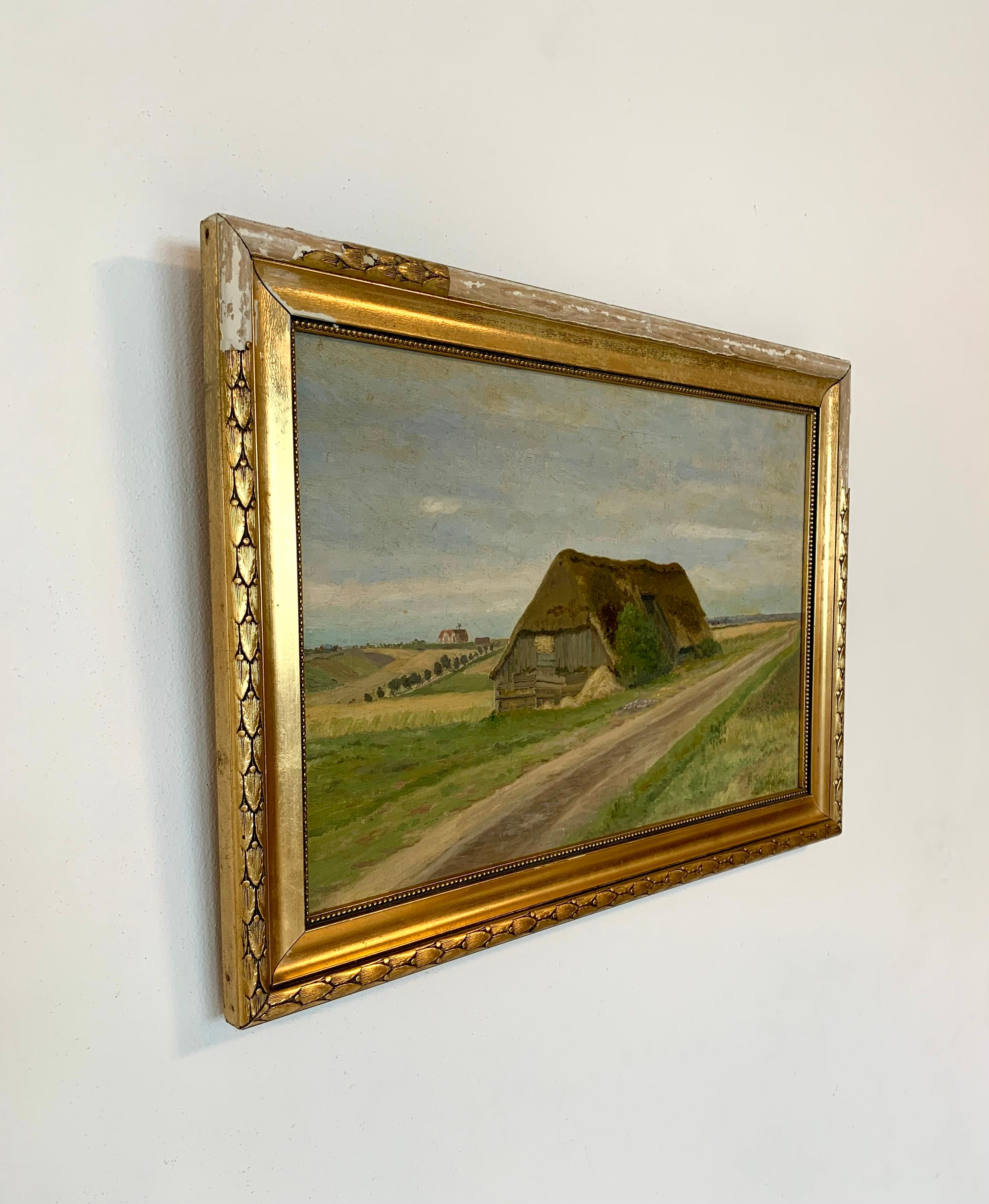 Antike einzigartige 1919 Landschaft Ölgemälde einer Scheune in einer kultivierten Landschaft (Romantik) im Angebot