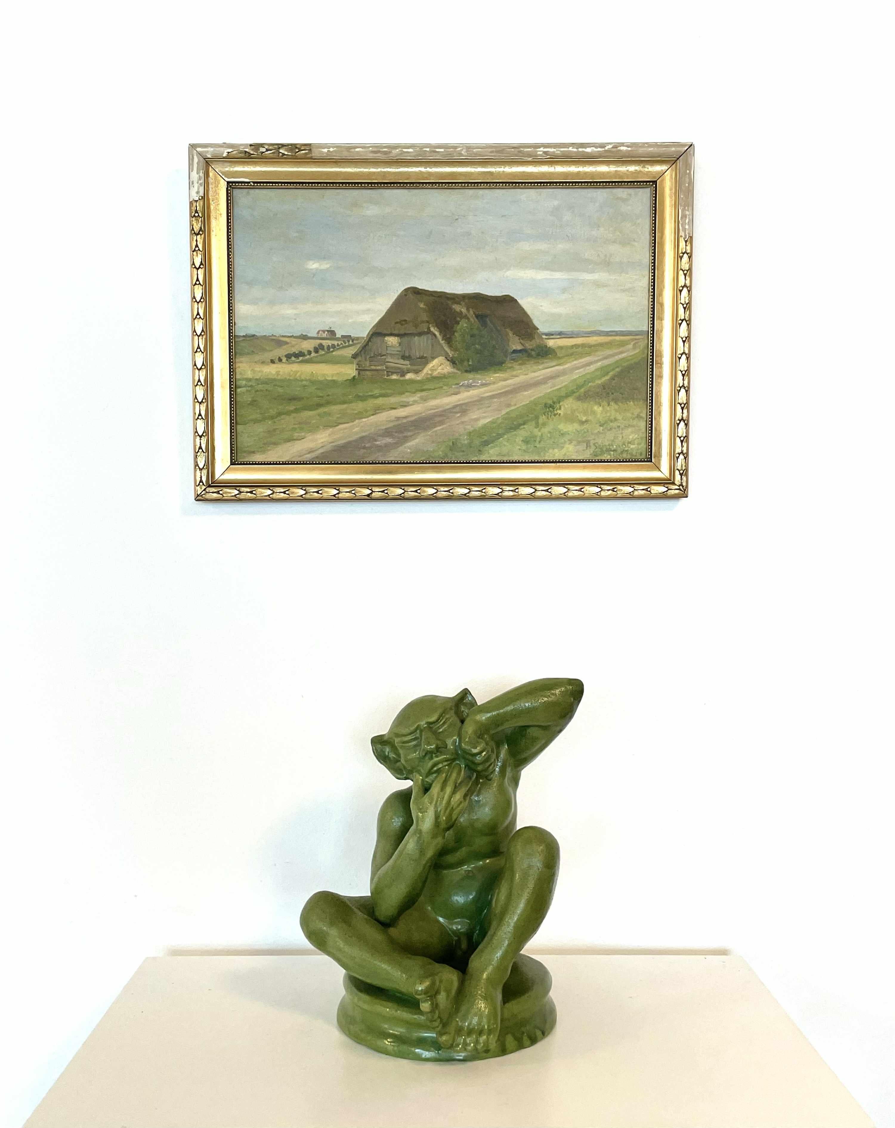 Antike einzigartige 1919 Landschaft Ölgemälde einer Scheune in einer kultivierten Landschaft (Dänisch) im Angebot