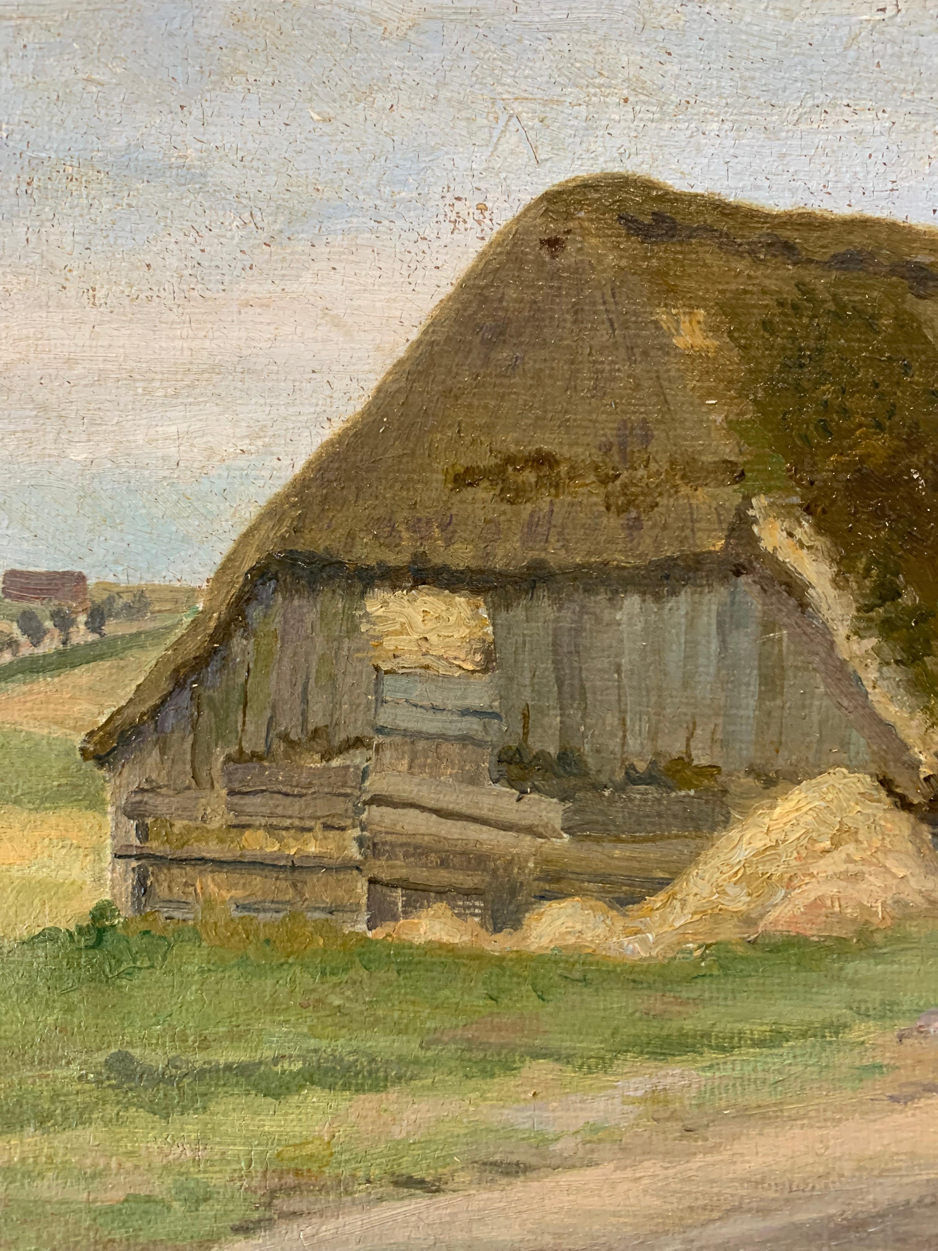 Antike einzigartige 1919 Landschaft Ölgemälde einer Scheune in einer kultivierten Landschaft (Gemalt) im Angebot