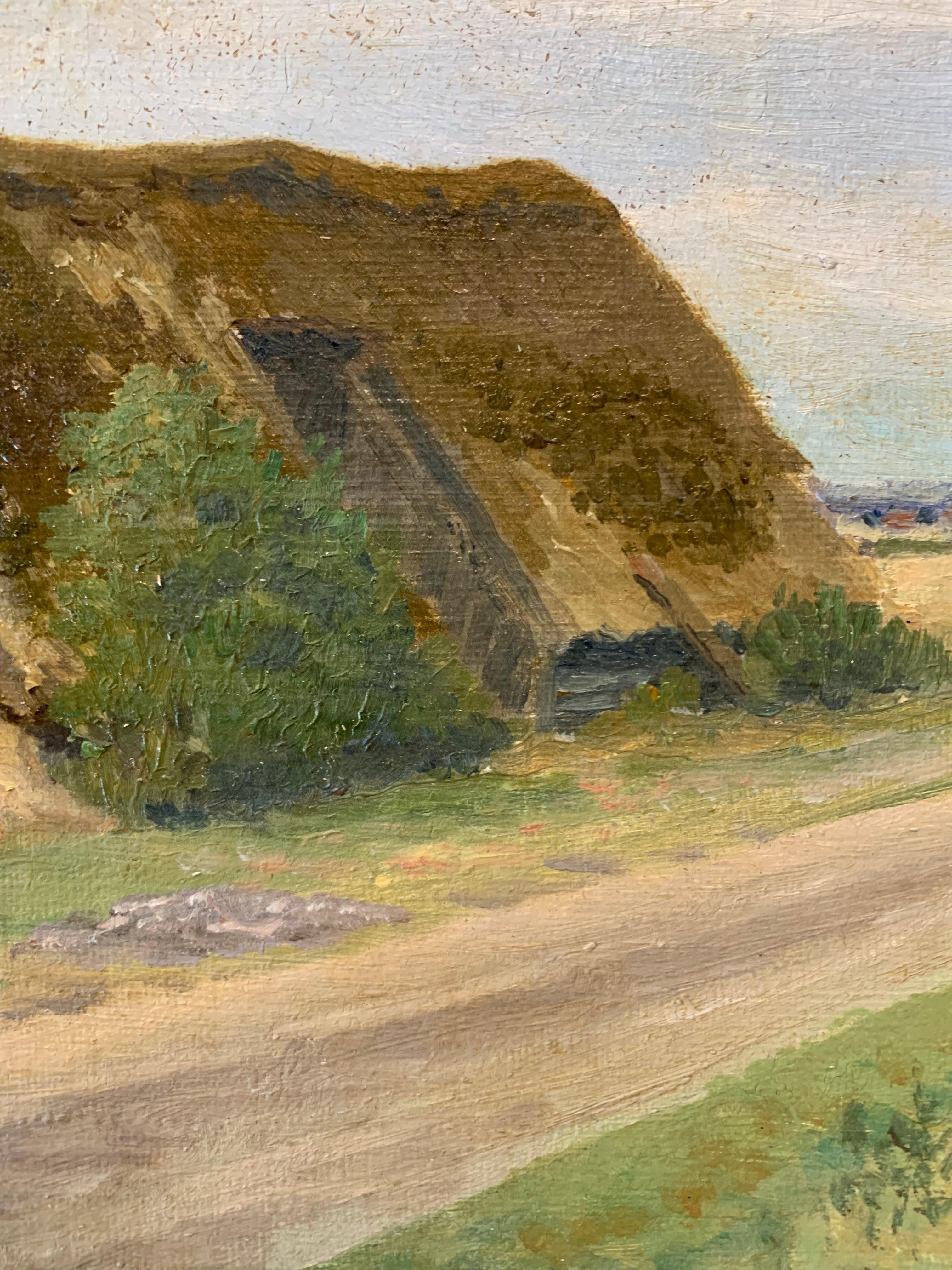 Antike einzigartige 1919 Landschaft Ölgemälde einer Scheune in einer kultivierten Landschaft (20. Jahrhundert) im Angebot