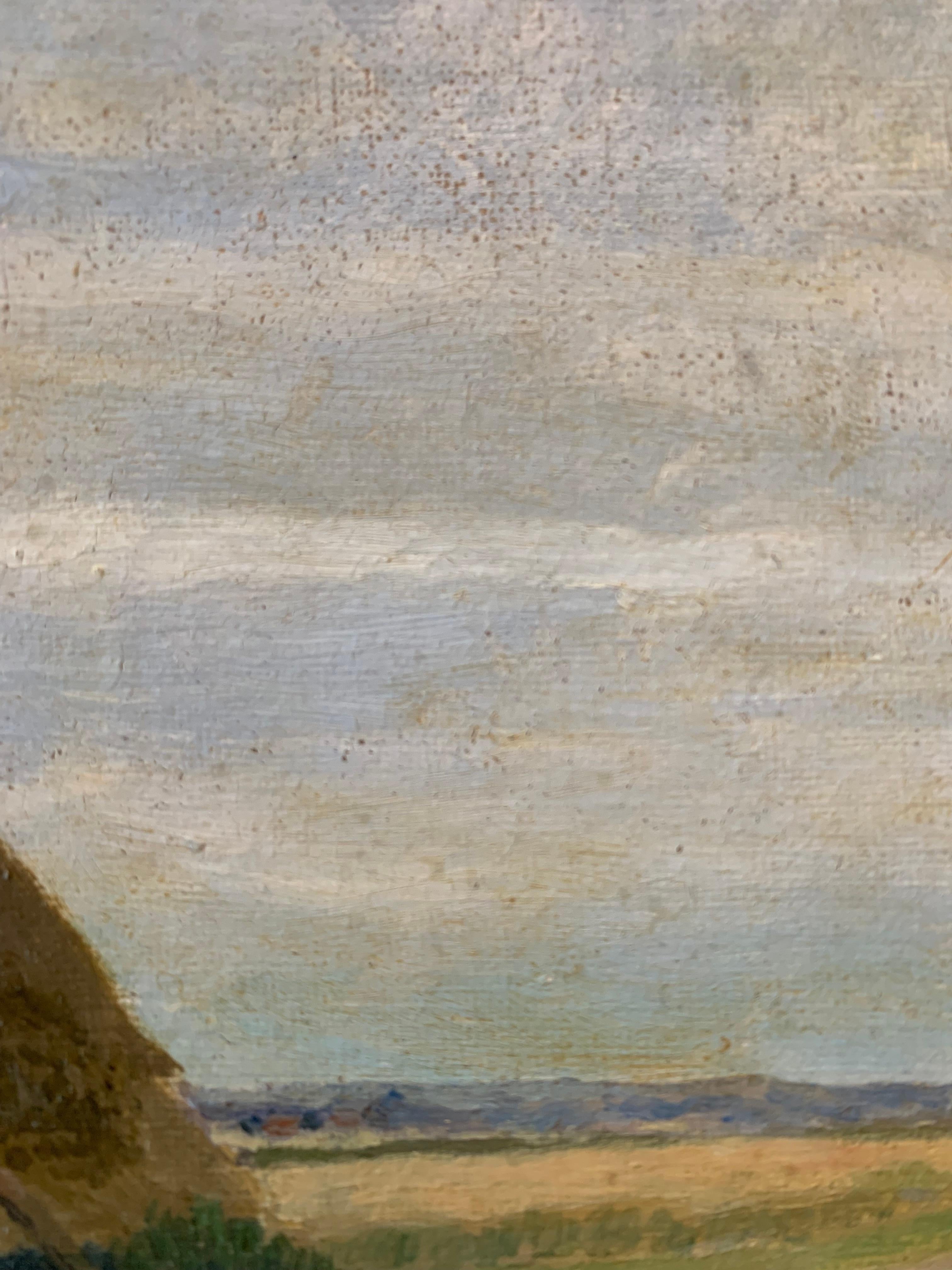 Antike einzigartige 1919 Landschaft Ölgemälde einer Scheune in einer kultivierten Landschaft (Farbe) im Angebot