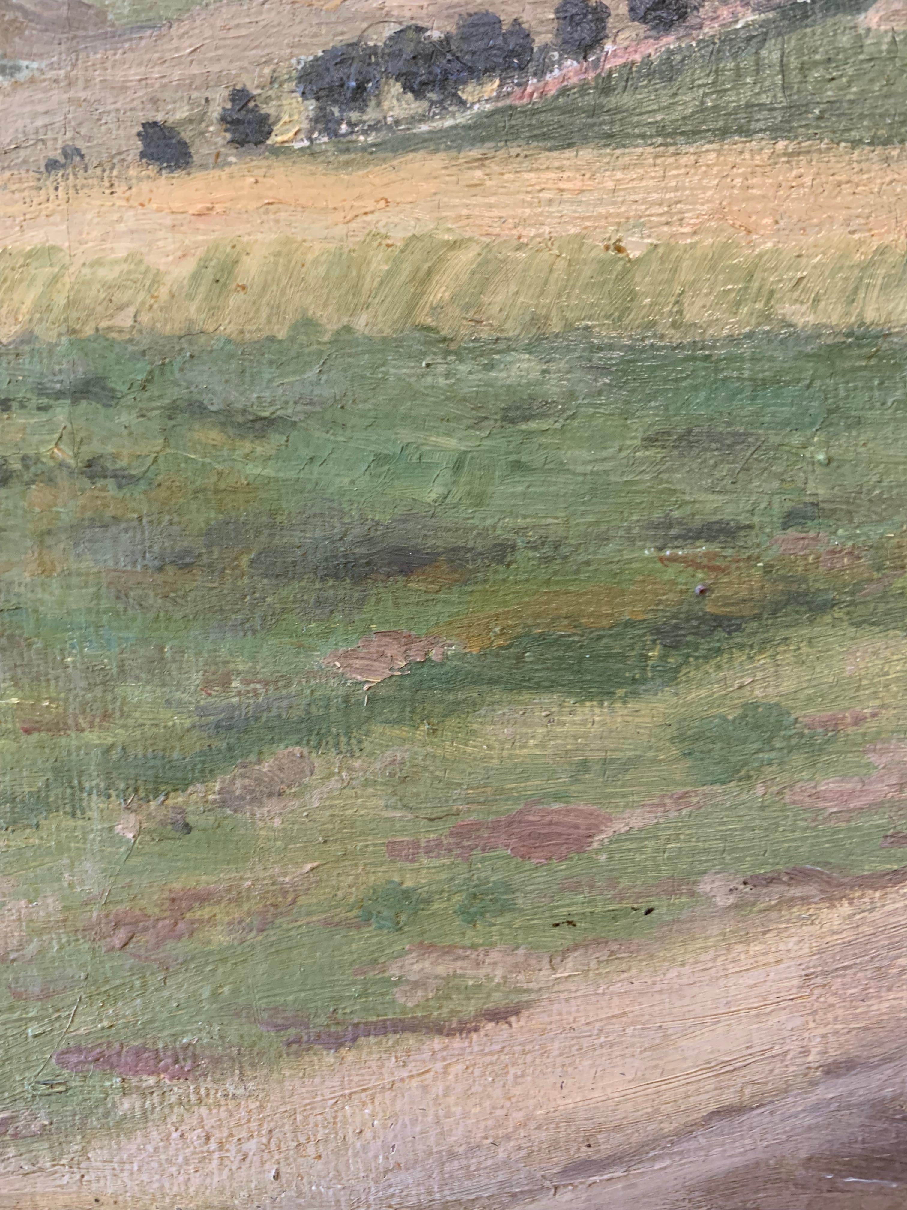Antike einzigartige 1919 Landschaft Ölgemälde einer Scheune in einer kultivierten Landschaft im Angebot 1