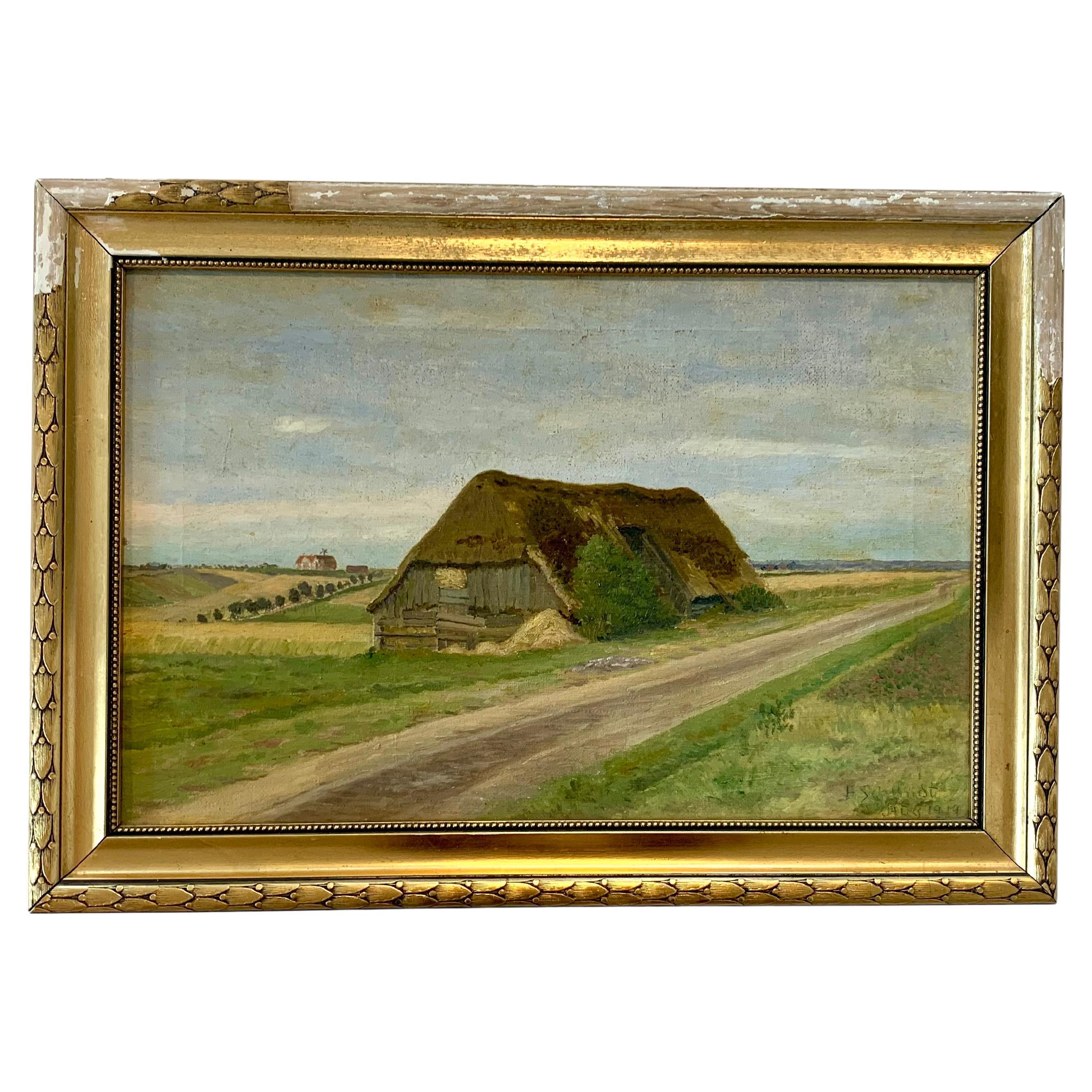 Antike einzigartige 1919 Landschaft Ölgemälde einer Scheune in einer kultivierten Landschaft