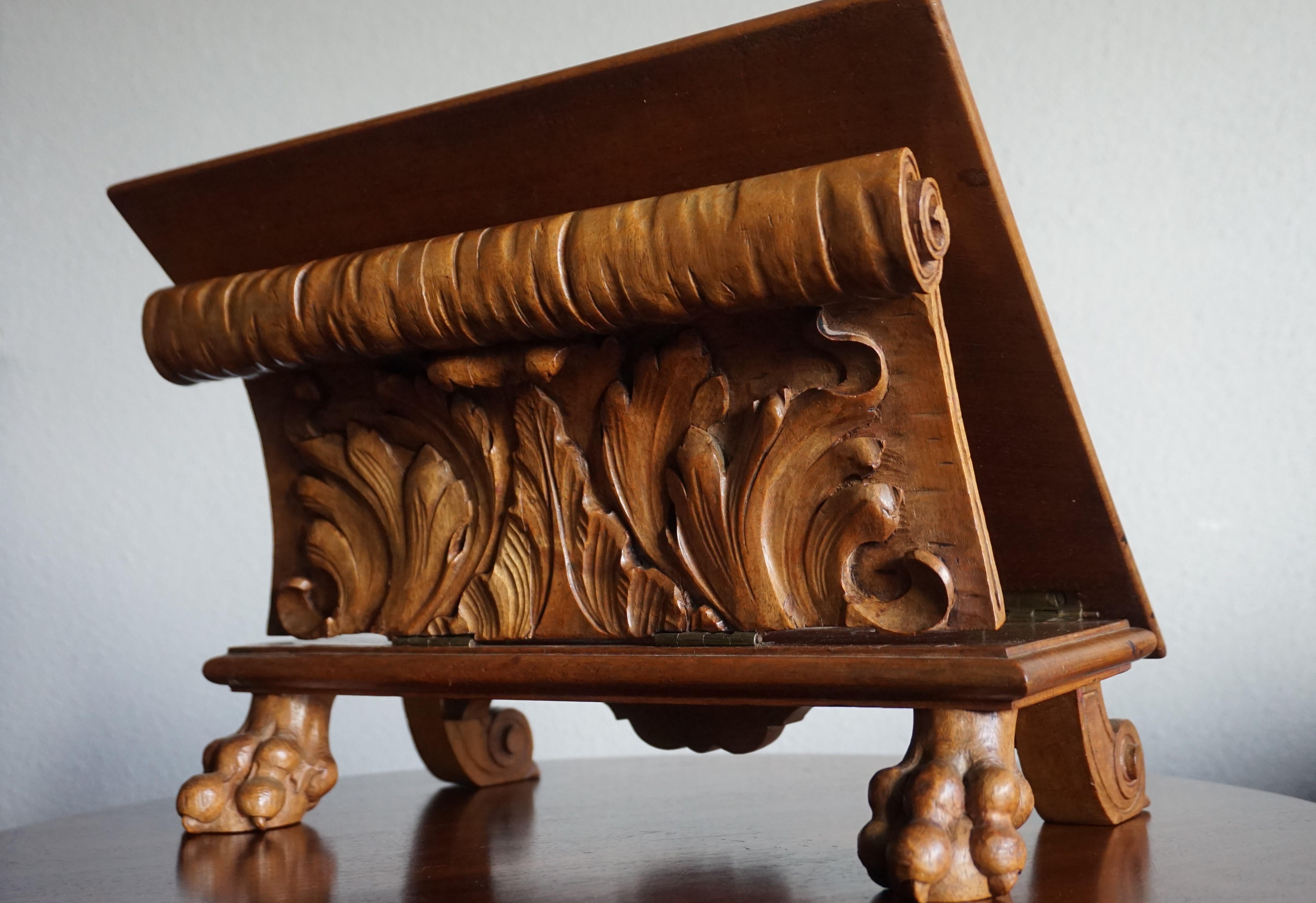 Hand-Crafted Antique & Unique Adjustable Bookstand with Hand Carved Leaf Pattern & Claw Feet