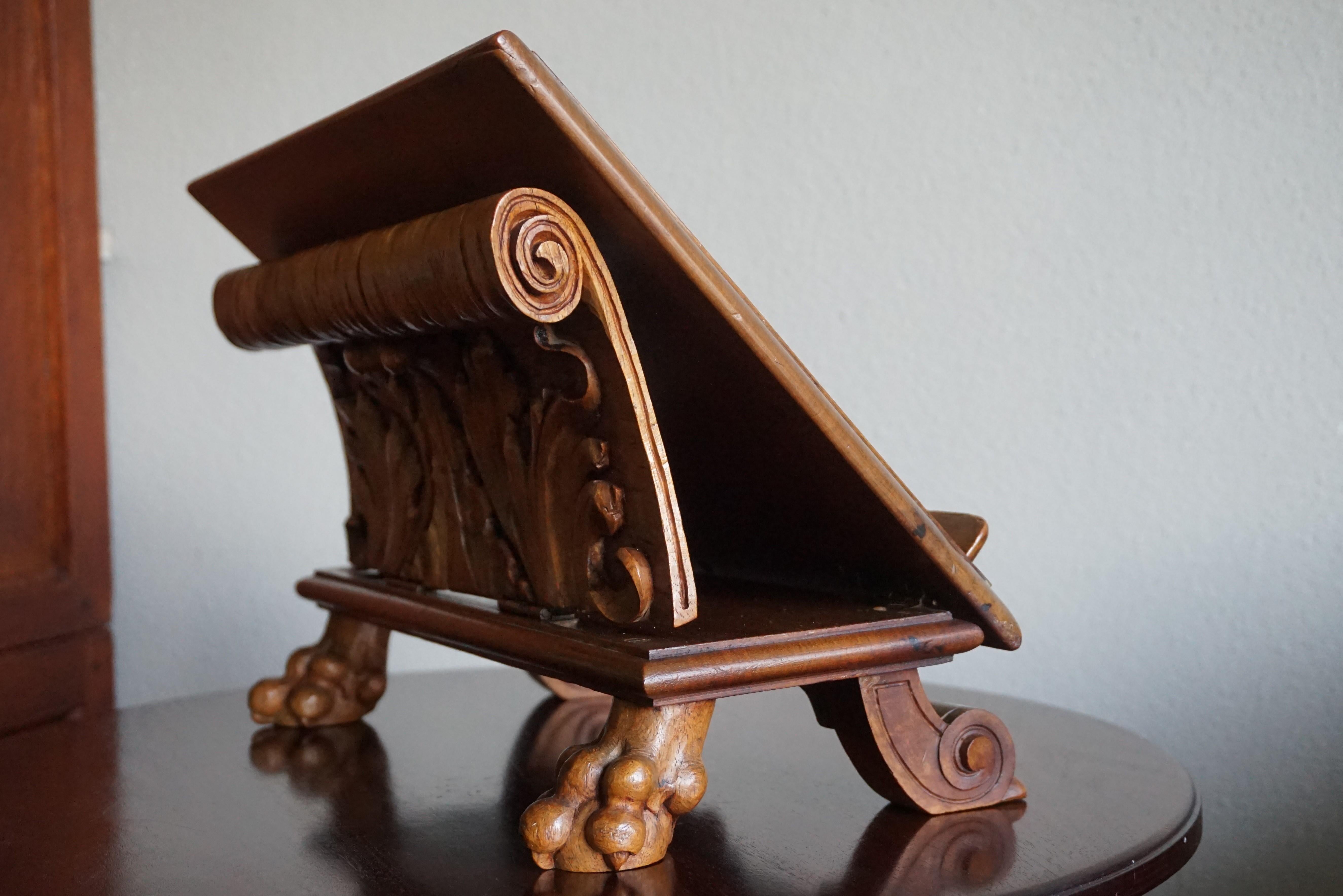 19th Century Antique & Unique Adjustable Bookstand with Hand Carved Leaf Pattern & Claw Feet