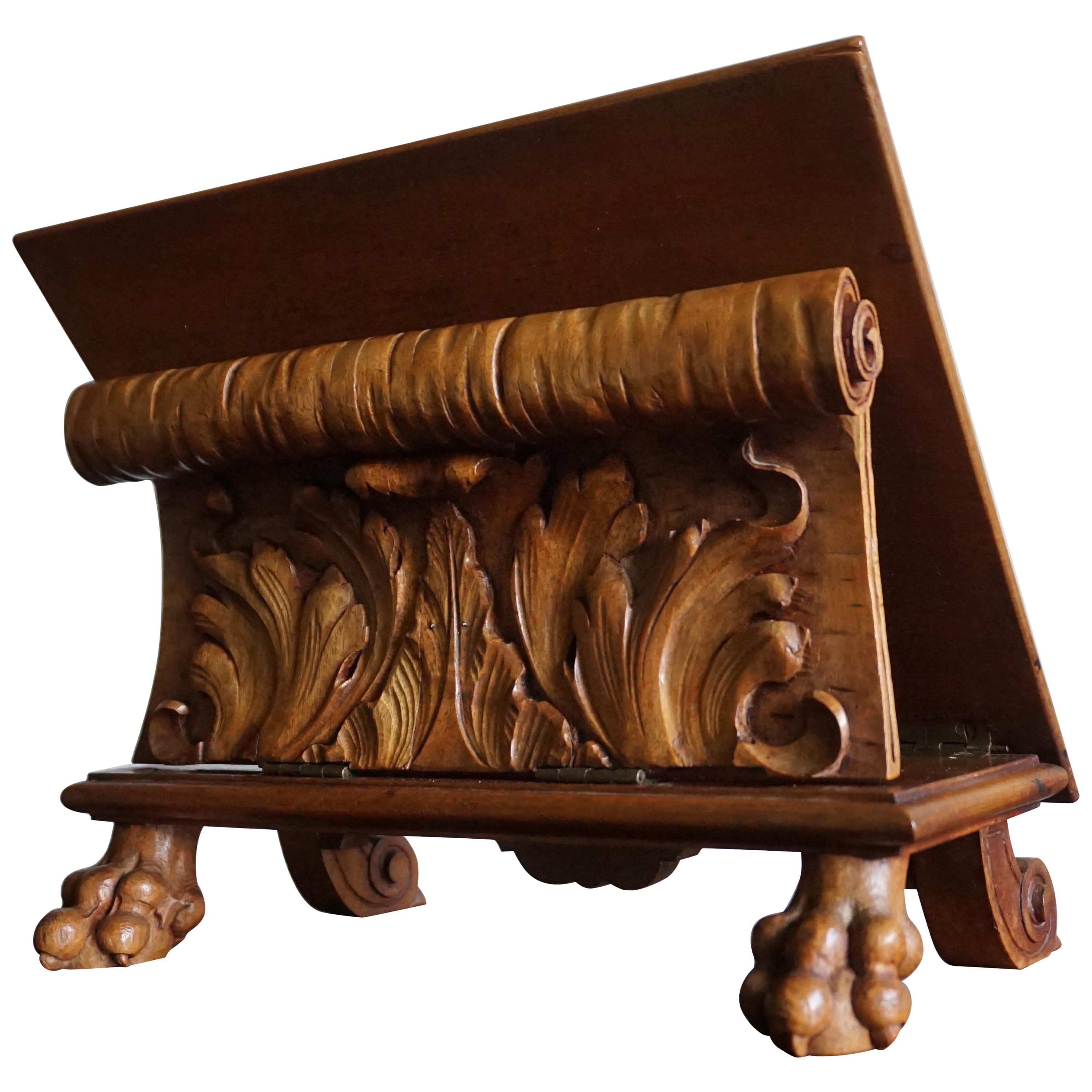 Antique & Unique Adjustable Bookstand with Hand Carved Leaf Pattern & Claw Feet