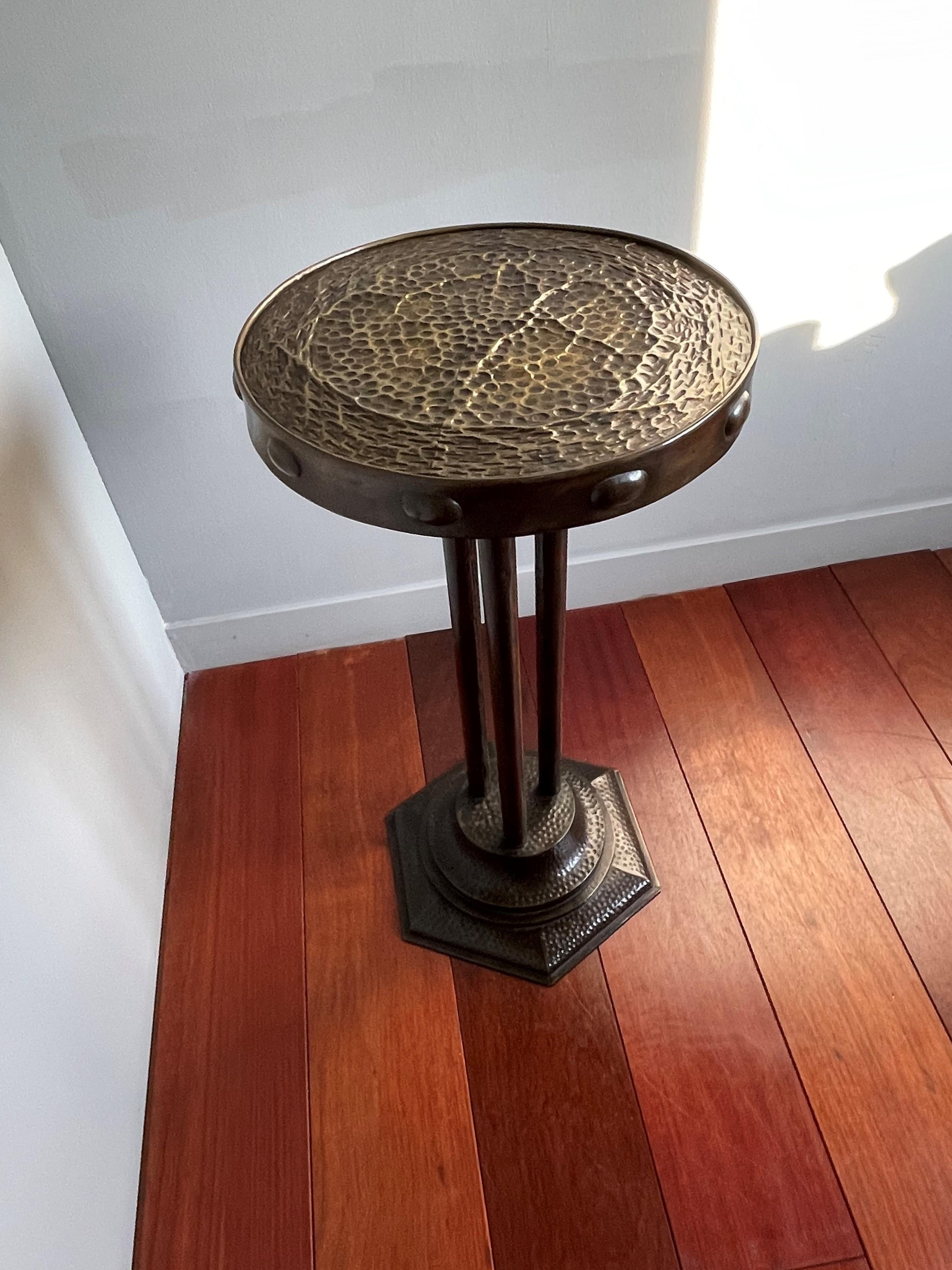 Antique & Unique Arts & Crafts Hand Hammered Brass Pedestal Stand / Table ca1900 5