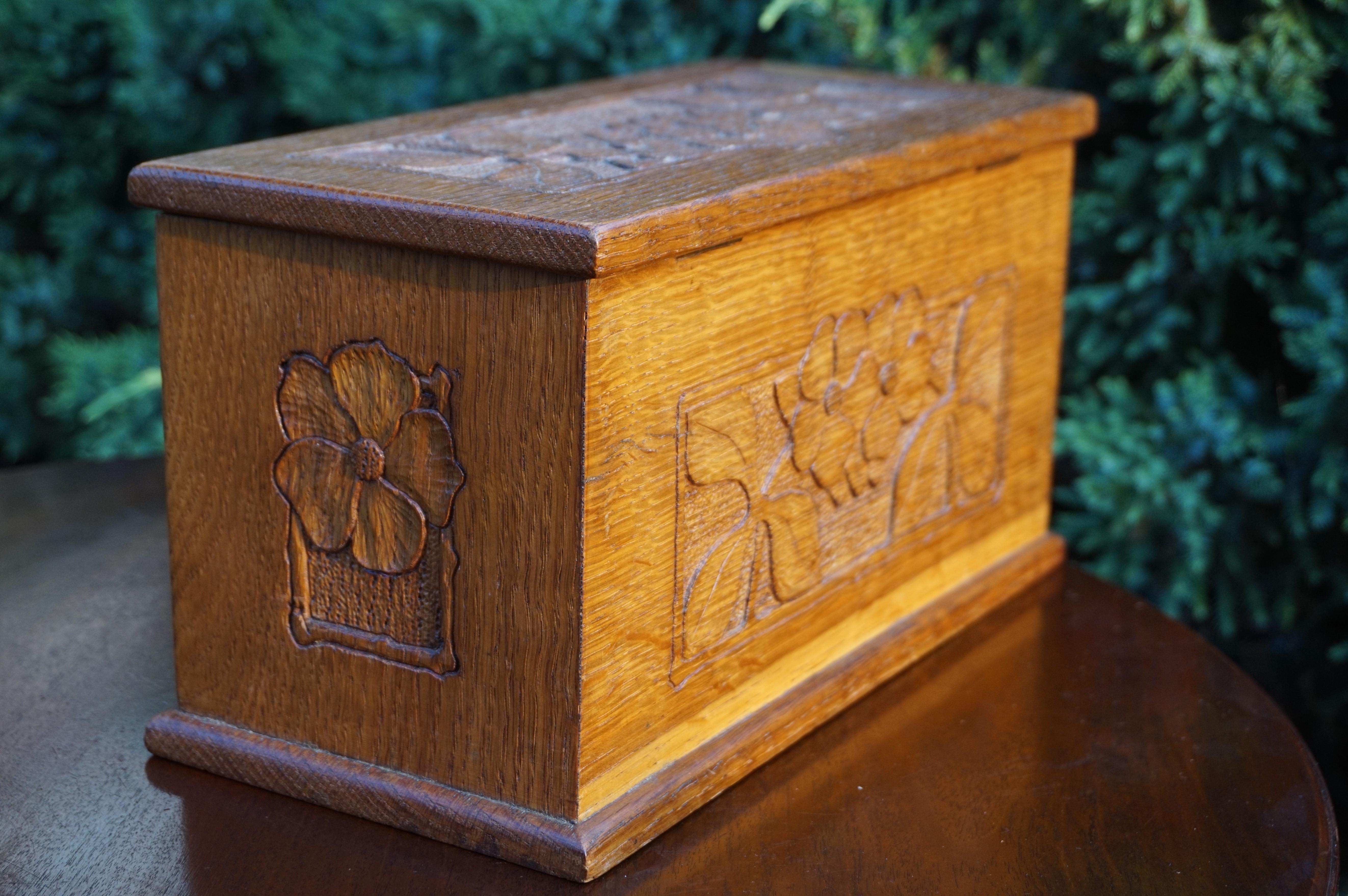 Antique and Unique Arts & Crafts Oak Jewelry Box with Hand Carved Flower Decor For Sale 1