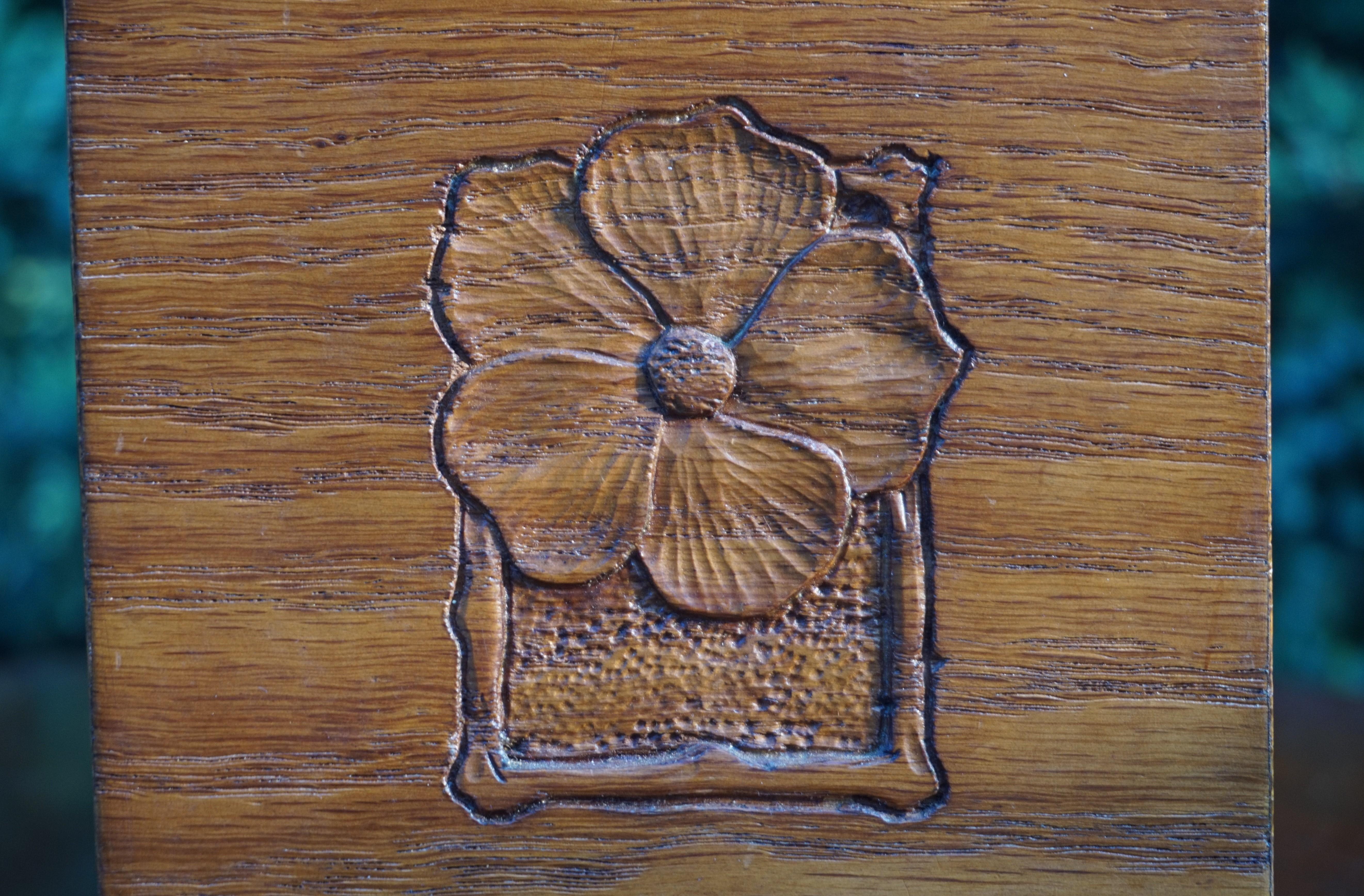 Antique and Unique Arts & Crafts Oak Jewelry Box with Hand Carved Flower Decor For Sale 4