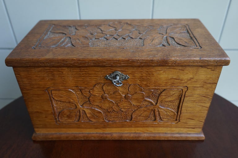 Arts and Crafts Antique and Unique Arts & Crafts Oak Jewelry Box with Hand Carved Flower Decor For Sale