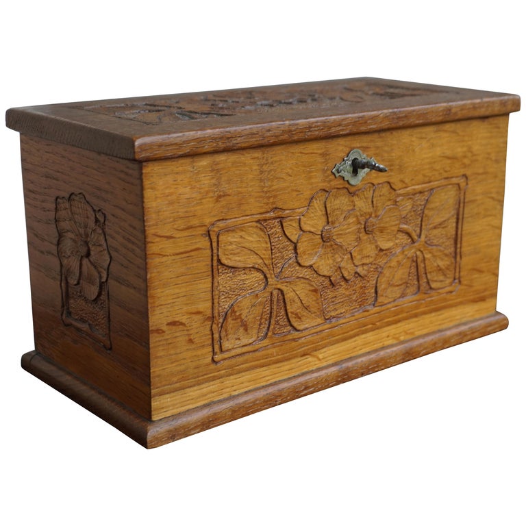Antique and Unique Arts & Crafts Oak Jewelry Box with Hand Carved Flower Decor For Sale