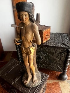 Antique Unique Early 17th Century Polychromed Wood Saint Sebastian Sculpture